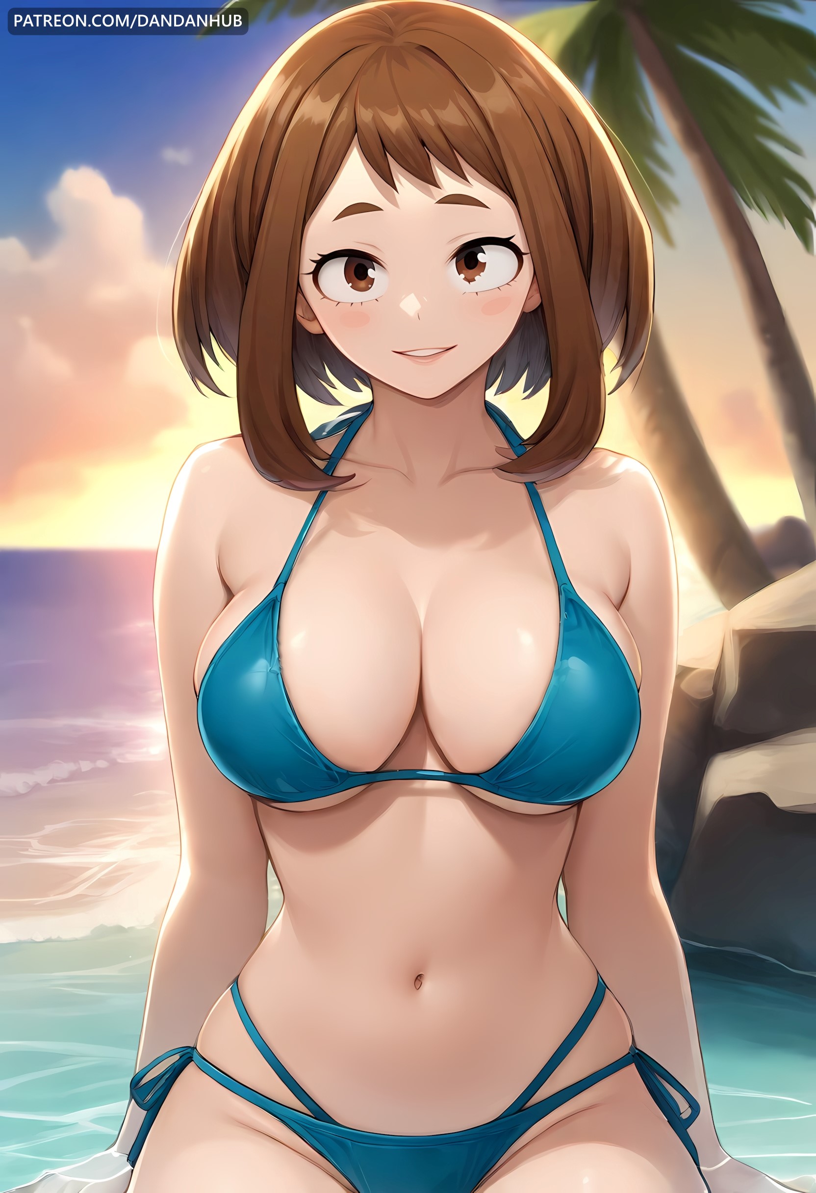 1girls, ai generated, bare shoulders, beach, bikini, blue bikini, blush, blush stickers, boku no hero academia, breasts, brown eyes, brown hair, brown-haired female, cleavage, cloud, collarbone, dandanhub, female, female only, halterneck, large breasts, looking at viewer, my hero academia, navel, ocean, ochako uraraka, outdoors, palm tree, parted lips, rock, short hair, side-tie bikini bottom, sidelocks, sitting, sky, smile, solo, stomach, string bikini, sunset, swimsuit, tree, uraraka ochako, water
