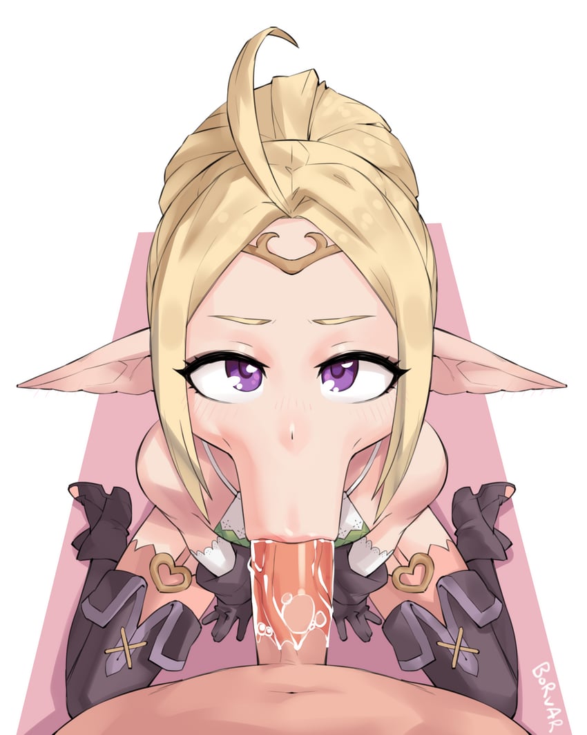 :>=, 1boy, 1girls, anteater face, blonde hair, blowjob, blowjob face, blue eyes, boots, borvar, breasts, circlet, drooling, fellatio, female, fire emblem, fire emblem awakening, large penis, light skin, long lips, looking at viewer, male, nowi (fire emblem), oral, penis, pointy ears, pov, purple eyes, small breasts, stretched lips, stretched mouth, vacuum fellatio