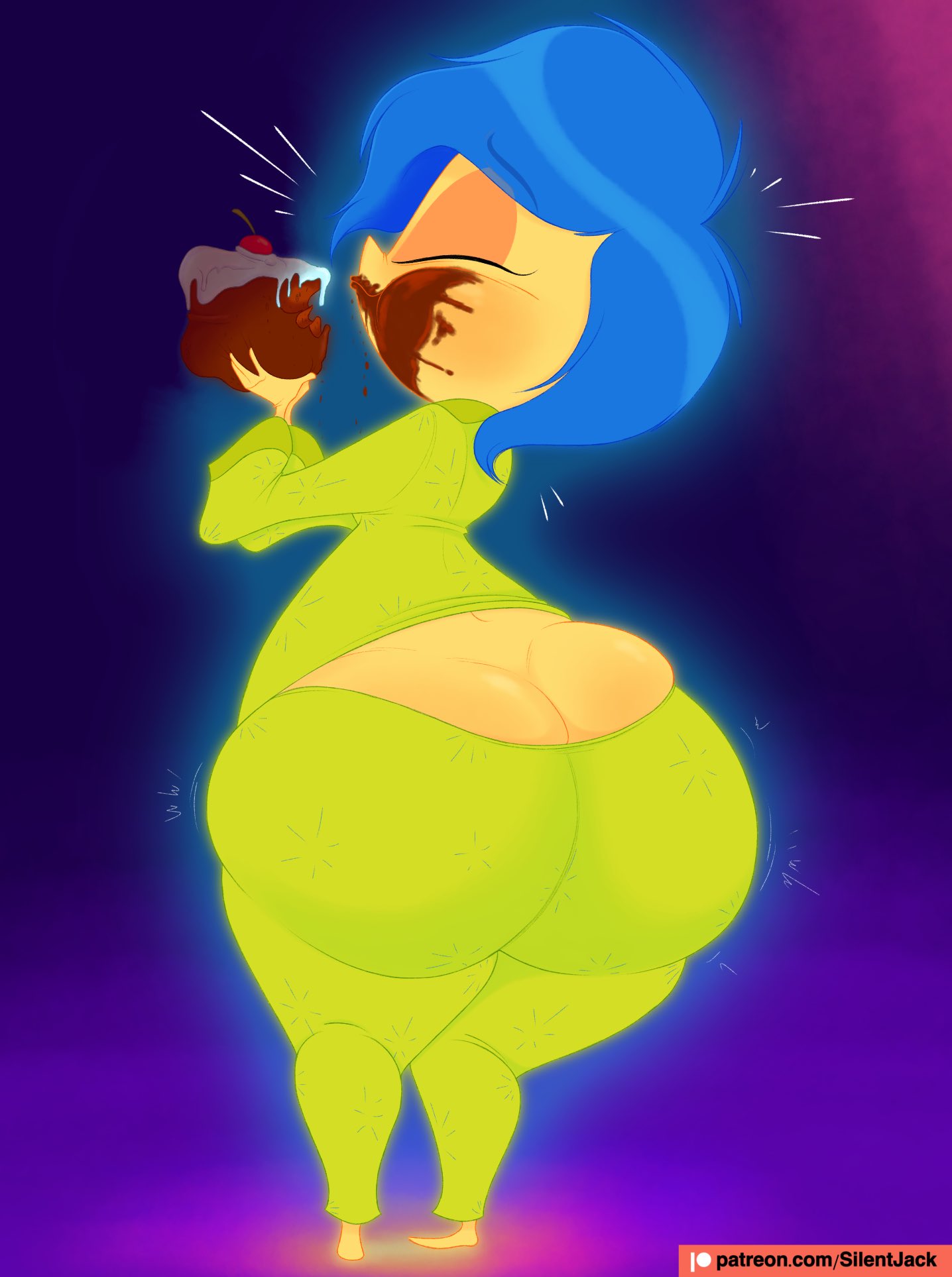 1girls, ass, ass cleavage, ass crack, big ass, blue eyes, bubble ass, bubble butt, butt crack, cake, cute, dessert, disney, eating, eating cake, female, green pajamas, happy, inside out, inside out 2, joy (inside out), pajamas, pixar, silentjack8, tagme, weight gain, yellow body, yellow skin