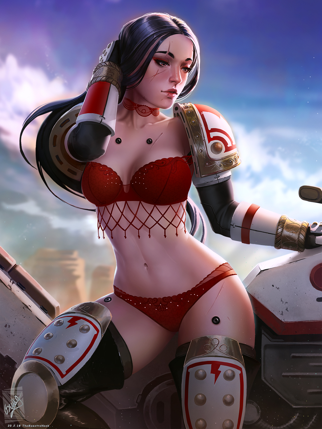 1girls, adeptus astartes, armor, background, black carapace, black hair, bra, breasts, female, female only, female space marine, imperium of man, lingerie, long hair, midriff, motorcycle, navel, panties, pauldrons, pinup, power armor, power armor (warhammer), red eyes, rule 63, scar, scars, sci-fi, science fiction, scifi, solo, solo female, solo focus, space marine, themaestronoob, thighhighs, underwear, warhammer (franchise), warhammer 40k, white scars (warhammer 40k)
