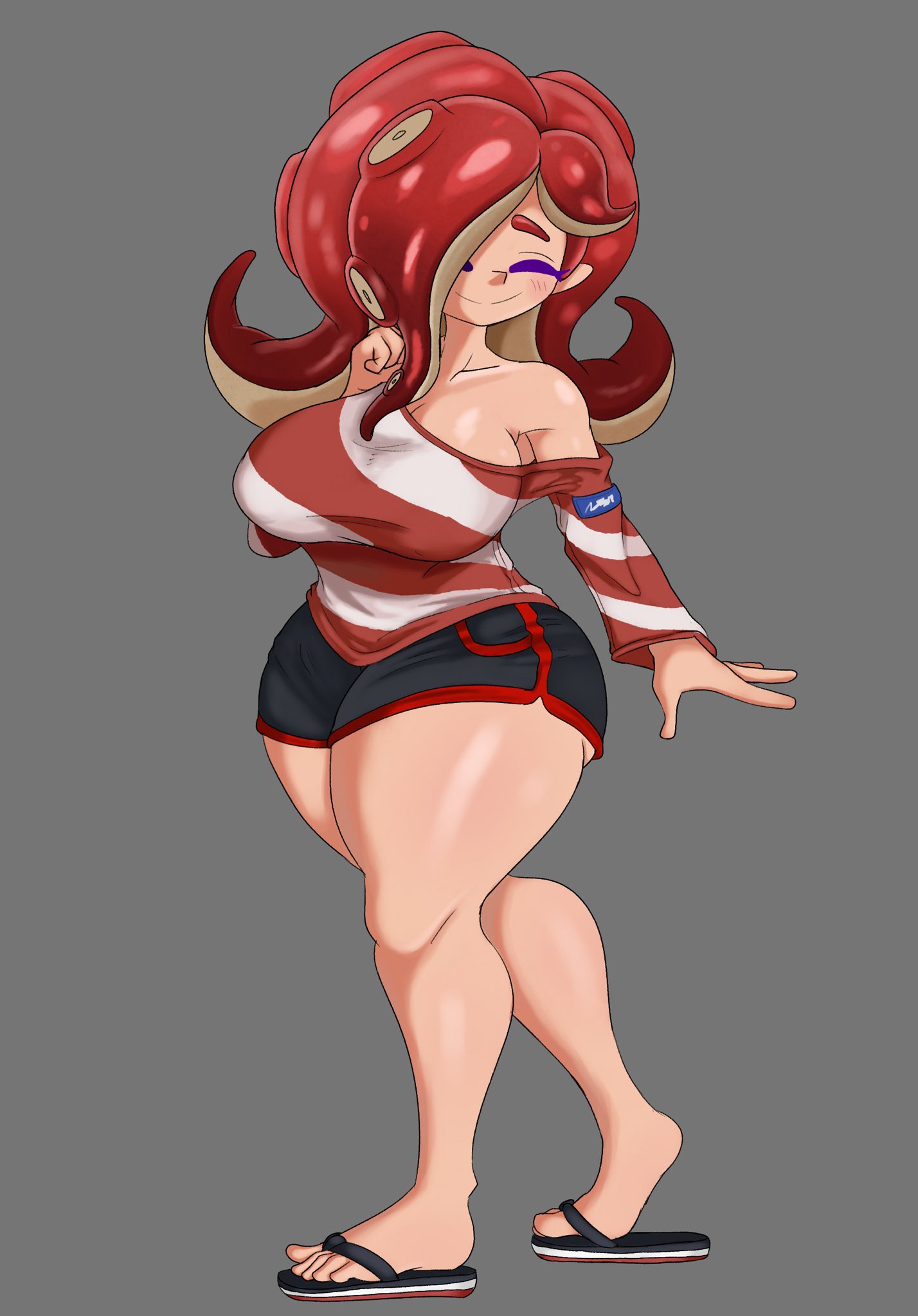 1girls, ade (ghostlyshroom), big breasts, breasts, closed eyes, clothed, clothed female, digital drawing (artwork), digital media (artwork), dolphin shorts, female, female focus, female only, flip flops, fully clothed, ghostlyshroom, grey background, happy, happy female, light skin, light-skinned female, nintendo, octoling, octoling girl, octoling rival, pose, posing, red hair, simple background, smile, smiling, solo, solo female, solo focus, splatoon, splatoon 3, striped shirt, suction cups, tentacle hair, thick thighs, twitter link