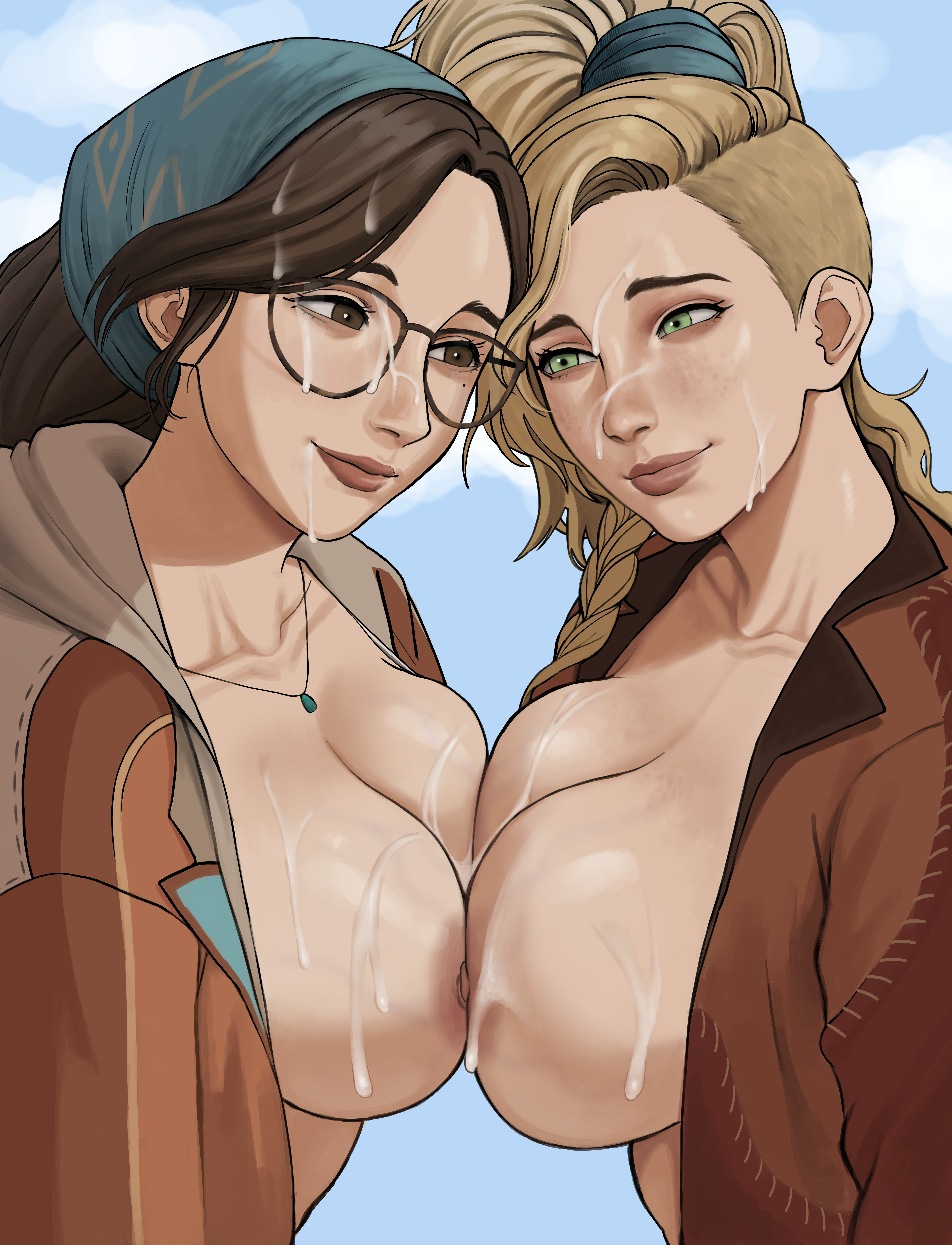 2girls, alma (monster hunter wilds), breasts, female, gemma (monster hunter wilds), gud0c, light skin, light-skinned female, medium breasts, monster hunter, monster hunter wilds, multiple females, multiple girls, symmetrical docking, tits out