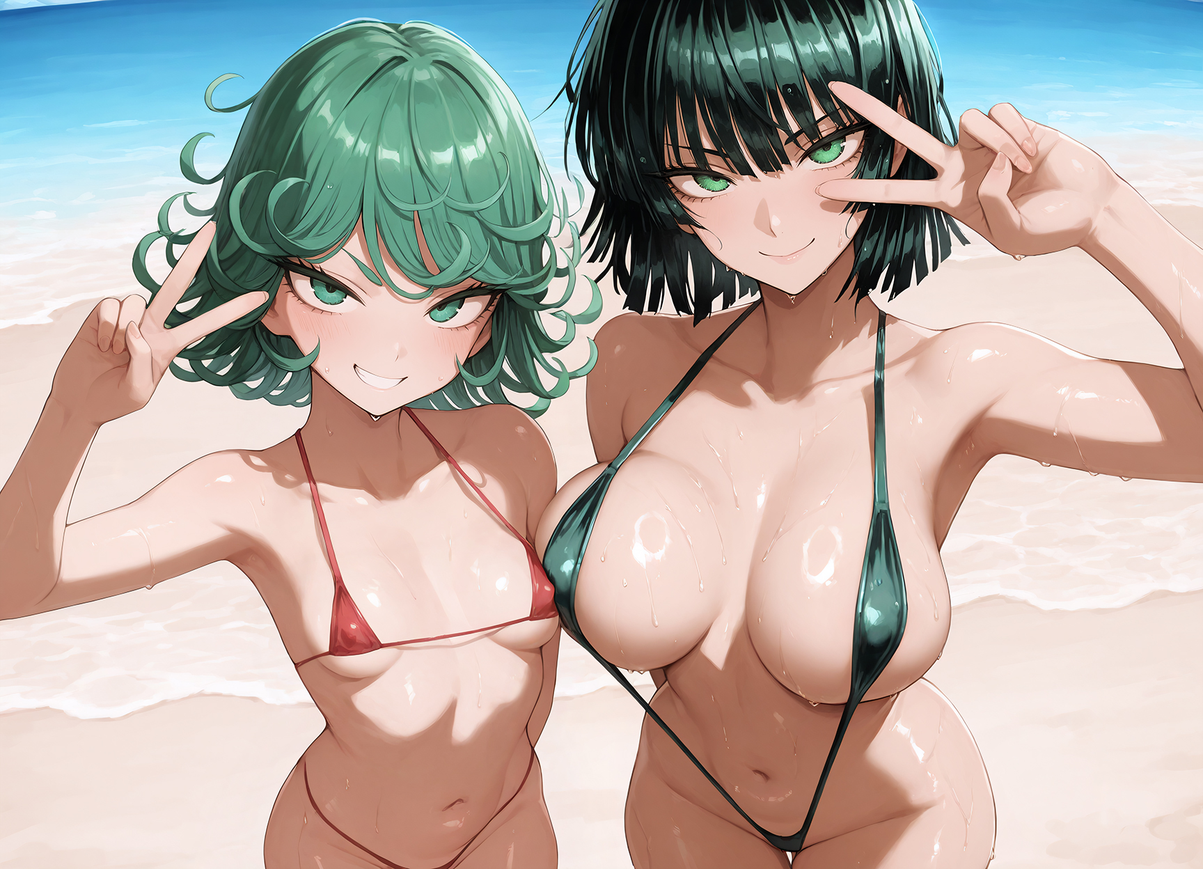 2girls, ai generated, balls, big balls, big breasts, blowjob, boobjob, breast envy, breast size difference, breasts, female, female only, fubuki (one-punch man), looking at viewer, male, multiple females, multiple girls, one-punch man, petite, see-through clothing, sisters, size comparison, size difference, small breasts, tatsumaki