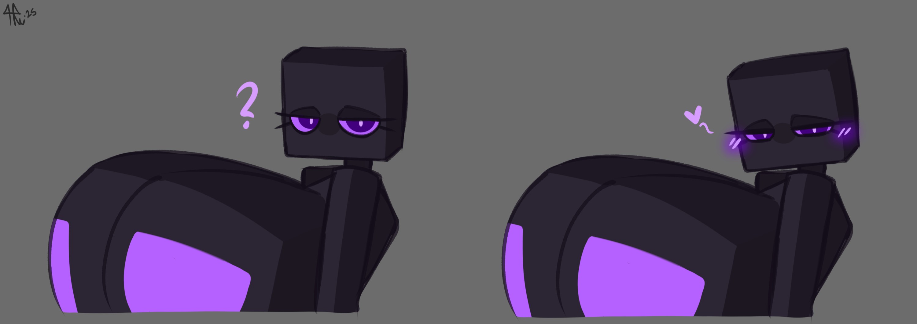 1girls, 2025, 4random user (artist), areolae, artist logo, artist signature, bedroom eyes, big breasts, blush, blush lines, breasts, breasts bigger than head, enderman, enderwoman, female, female focus, female only, forsakenedbread, glowing eyes, grey background, heart, huge breasts, looking at viewer, minecraft, mojang, purple areola, purple body, purple eyes, tagme, tilted head