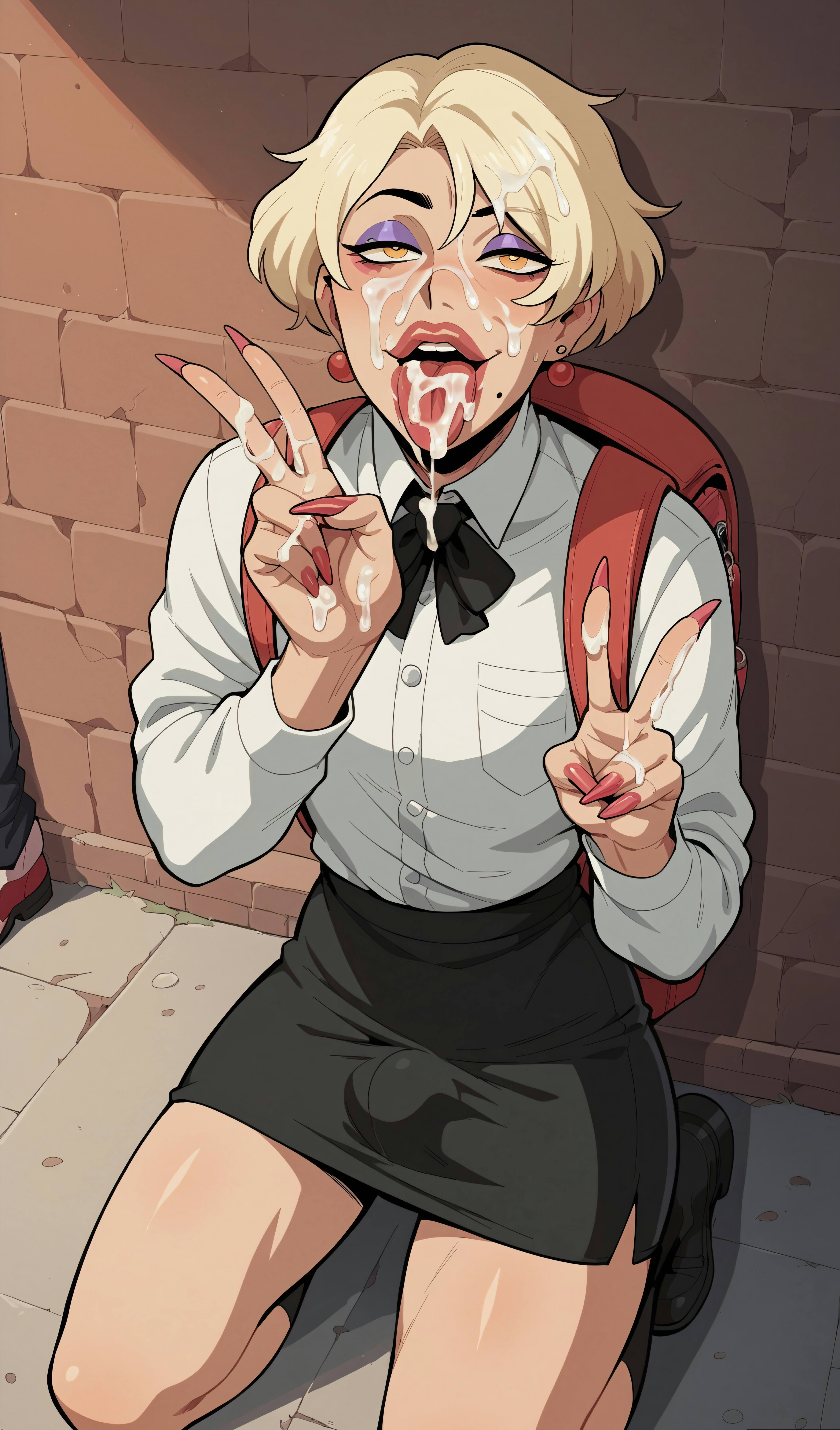 1boy, 1femboy, absurd res, absurd resolution, absurdres, after blowjob, after fellatio, after oral, after sex, ai generated, amber eyes, backpack, blonde femboy, blonde hair, blonde male, blonde-haired male, bookbag, boots, bowtie, bulge, bulge through clothing, bulge under clothes, clothed, clothed femboy, clothed male, clothing, cum, cum in mouth, cum on face, cum on fingers, cum on tongue, double v, eyeshadow, facial, femboy, femboy focus, femboy only, femboysub, gay, gay male, hair, hi res, high resolution, highres, horny, horny femboy, horny male, implied blowjob, implied fellatio, implied oral, implied sex, kneeling, kneeling oral position, lips, long fingernails, long nails, looking at viewer, lust, lustful gaze, makeup, male, male focus, male only, mole, mole under mouth, open mouth, painted nails, peace sign, purple eyeshadow, red nail polish, red nails, satisfied, satisfied look, short hair, skirt, solo, solo femboy, solo focus, solo male, thee voiidless, tongue, tongue out, uniform, yaoi