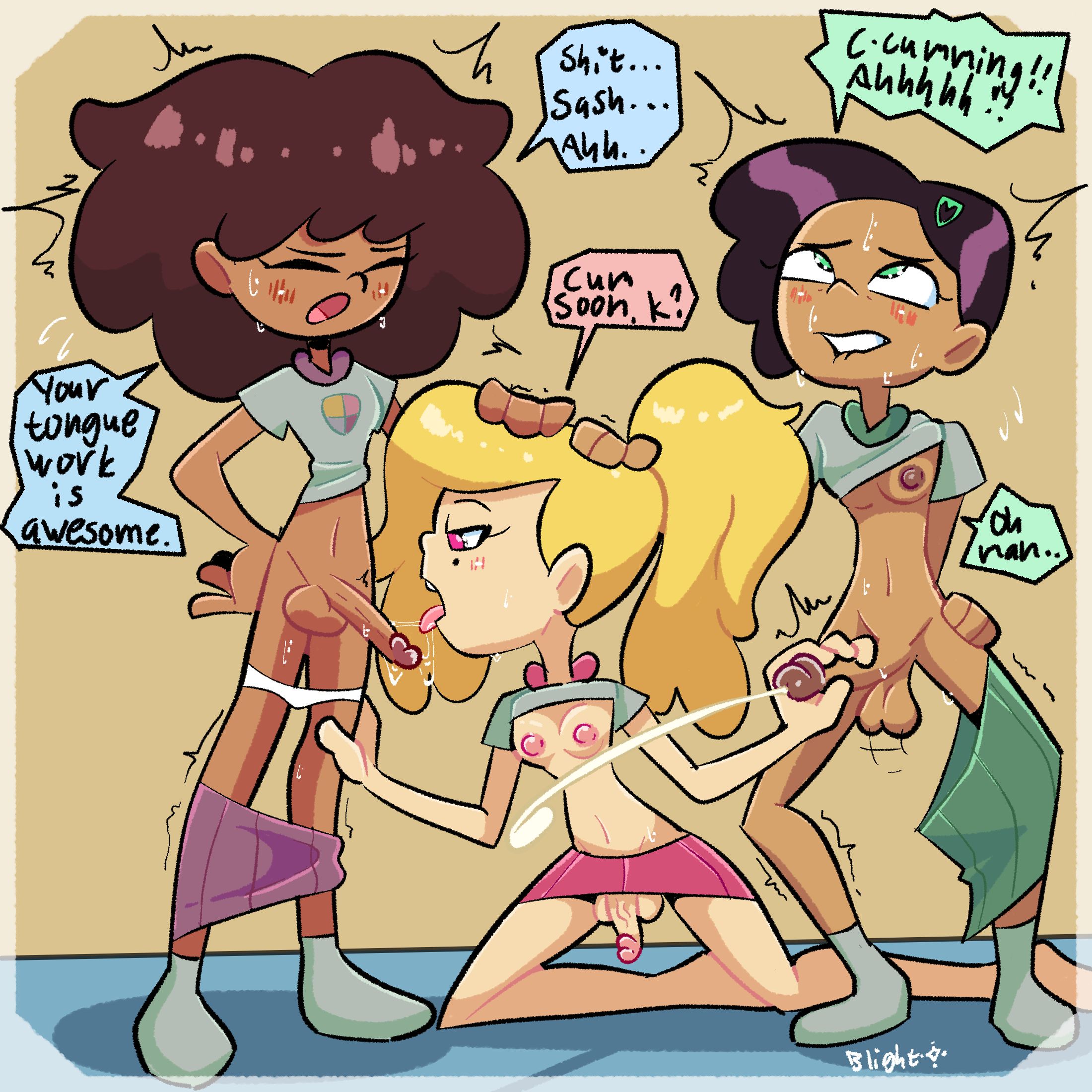 3futas, after fellatio, amphibia, anne boonchuy, balls, biting lip, black hair, blightstar, blonde hair, blush, breasts, brown hair, closed eyes, cock drunk, cum, cum rope, cumming, dialogue, disney, english text, eyes rolling back, futa on futa, futa only, futanari, hairclip, hand on head, hand on penis, handjob, intersex, large hair, long hair, looking at penis, marcy wu, mole under eye, nutting, penis, penis under skirt, quivering legs, saliva on penis, saliva trail, sasha waybright, school uniform, shirt lift, short hair, skirt down, small breasts, speech bubble, standing, sweating, threesome, uniform