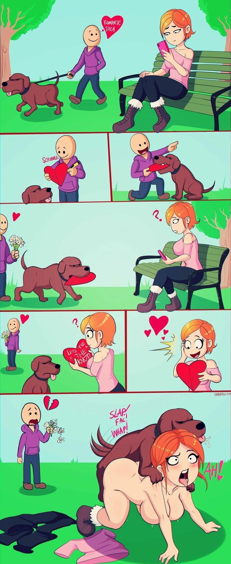 1boy, 1girls, all fours, bald, being watched, bestiality, breasts, canine, cheating, comic, cucked by beast, cuckold, dog, doggy style, dominant feral, duplicate, female, feral, feral on female, heart, human, male, netorare, ntr, nude, public nudity, public sex, pussy, sex, shadman, straight, tagme, tongue, tongue out, vaginal penetration, zoophilia