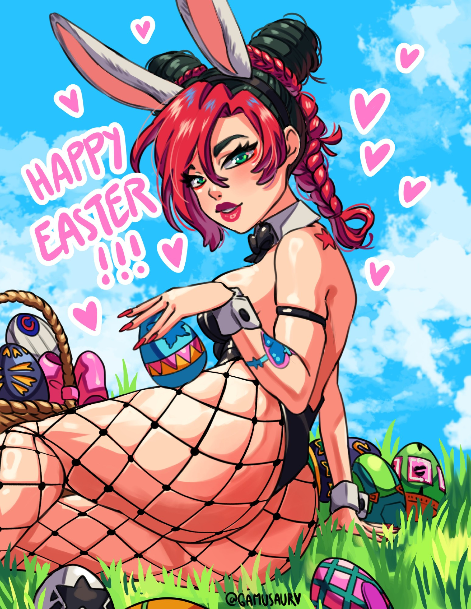 1girls, ass, bubble ass, bubble butt, bunny ears, bunnysuit, erogamu, female, female only, gamusaur, happy easter, jojo's bizarre adventure, jolyne kujo, pantyhose, solo, stone ocean