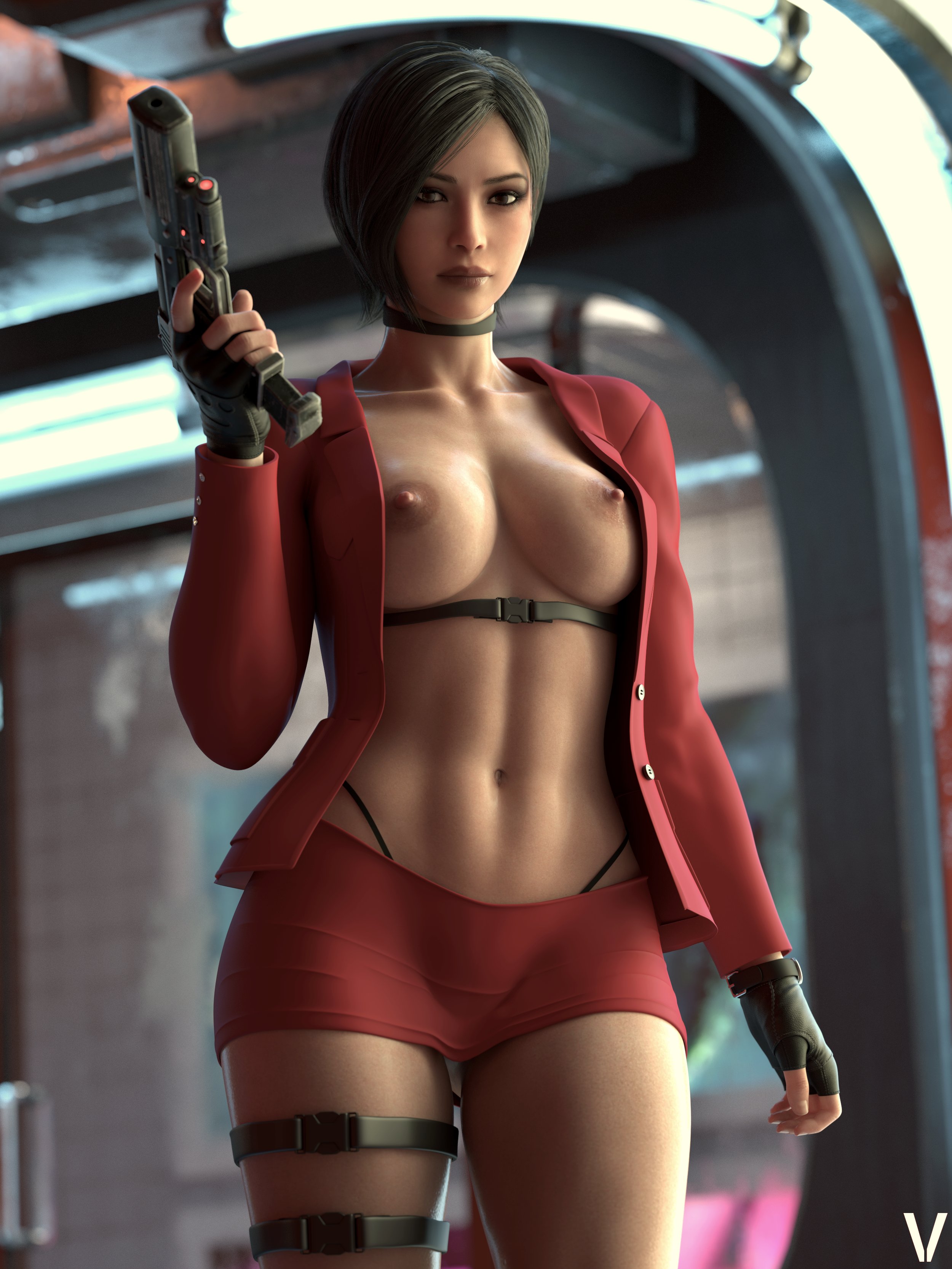 1girls, 2025, 3d, ada wong, ada wong (adriana), areolae, big breasts, biohazard, black hair, breasts, breasts out, brown eyes, choker, detailed background, eyeshadow, female, female abs, female only, female torso, fingerless gloves, front view, g-string, g-string exposed, highleg g-string, highleg underwear, holding gun, holding weapon, indoors, jacket, jacket only, jacket open, legs apart, lipstick, looking at viewer, miniskirt, navel, nipples, panties exposed, purple eyeshadow, purple lipstick, resident evil, resident evil 2, resident evil 2 remake, resident evil 4, resident evil 4 remake, short hair, short skirt, skirt, solo, standing, thigh straps, underboob strap, vyse red
