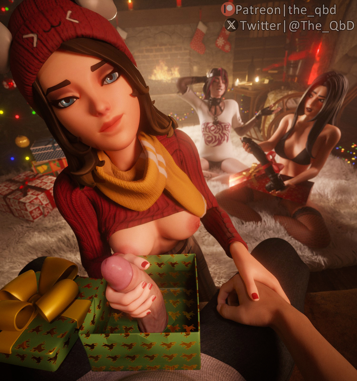 3d, blue eyes, breasts, christmas, christmas outfit, detailed background, dildo, embarrassed, exposed breasts, female, festival phaedra (fortnite), fortnite, handholding, handjob, hidden, looking at partner, looking at viewer, panda team leader, phaedra (fortnite), romantic, skye (fortnite), smiling, stealth sex, syd (fortnite), the qbd