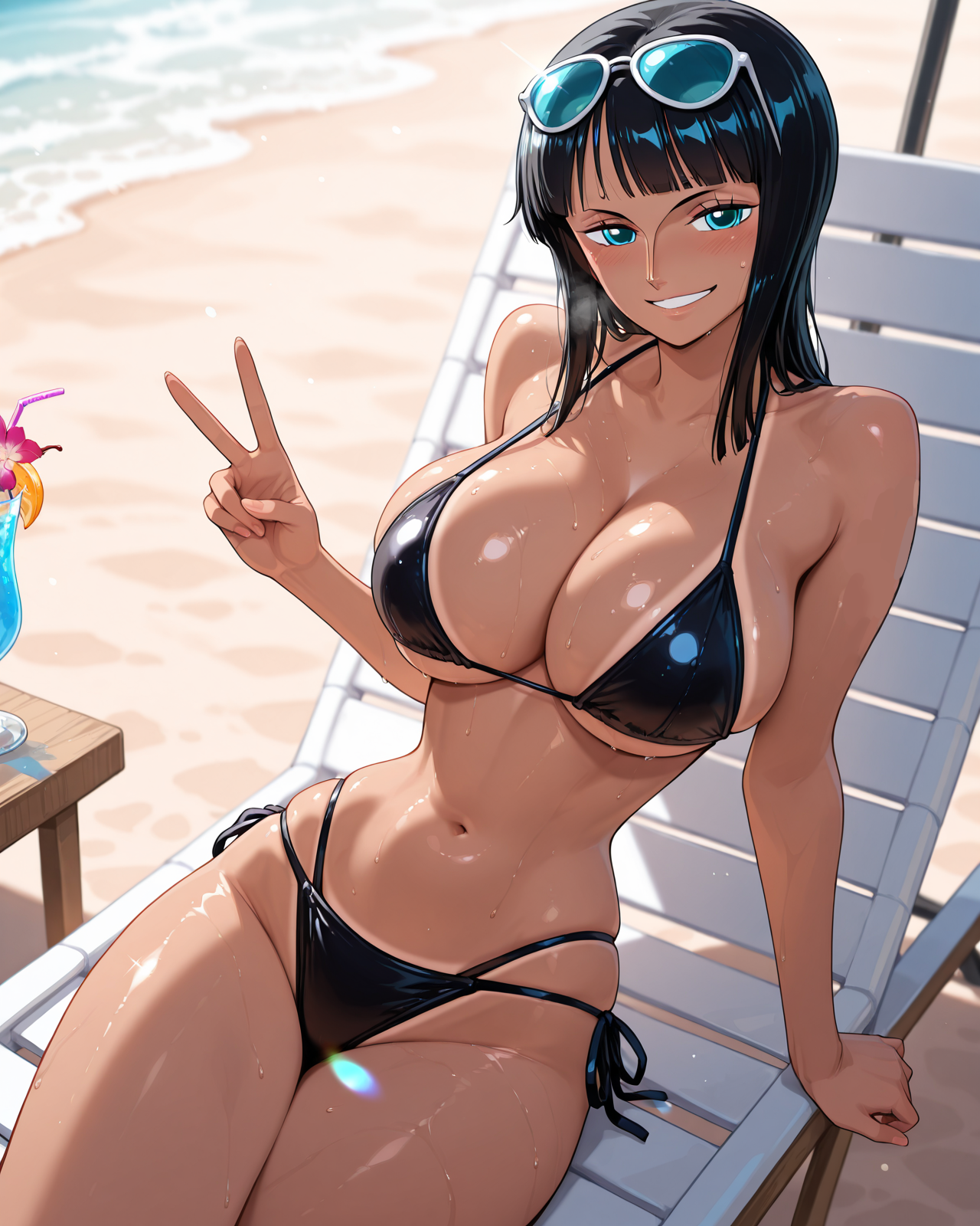 1girls, ai generated, artist request, big breasts, bikini, black hair, black-haired female, breasts, clothing, dark skin, dark-skinned female, female, female only, nico robin, one piece, swimsuit, tan body, tan skin, tanned, tanned skin