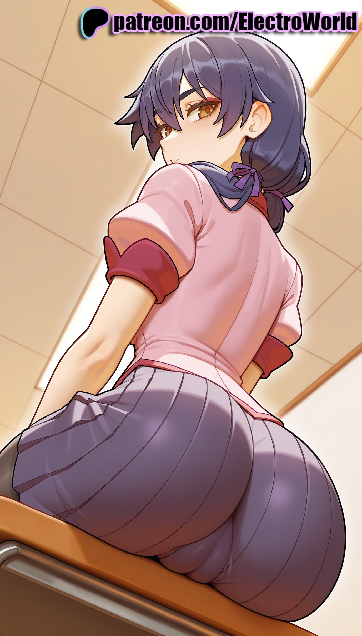 1girls, 2025, ai generated, artist name, ass, bakemonogatari, desk, electroworld, female, from behind, hair ribbon, hi res, high quality, high resolution, highres, kanbaru suruga, looking back, monogatari (series), on desk, pantylines, patreon, patreon username, ribbon, school desk, short sleeves, solo, stable diffusion, watermark
