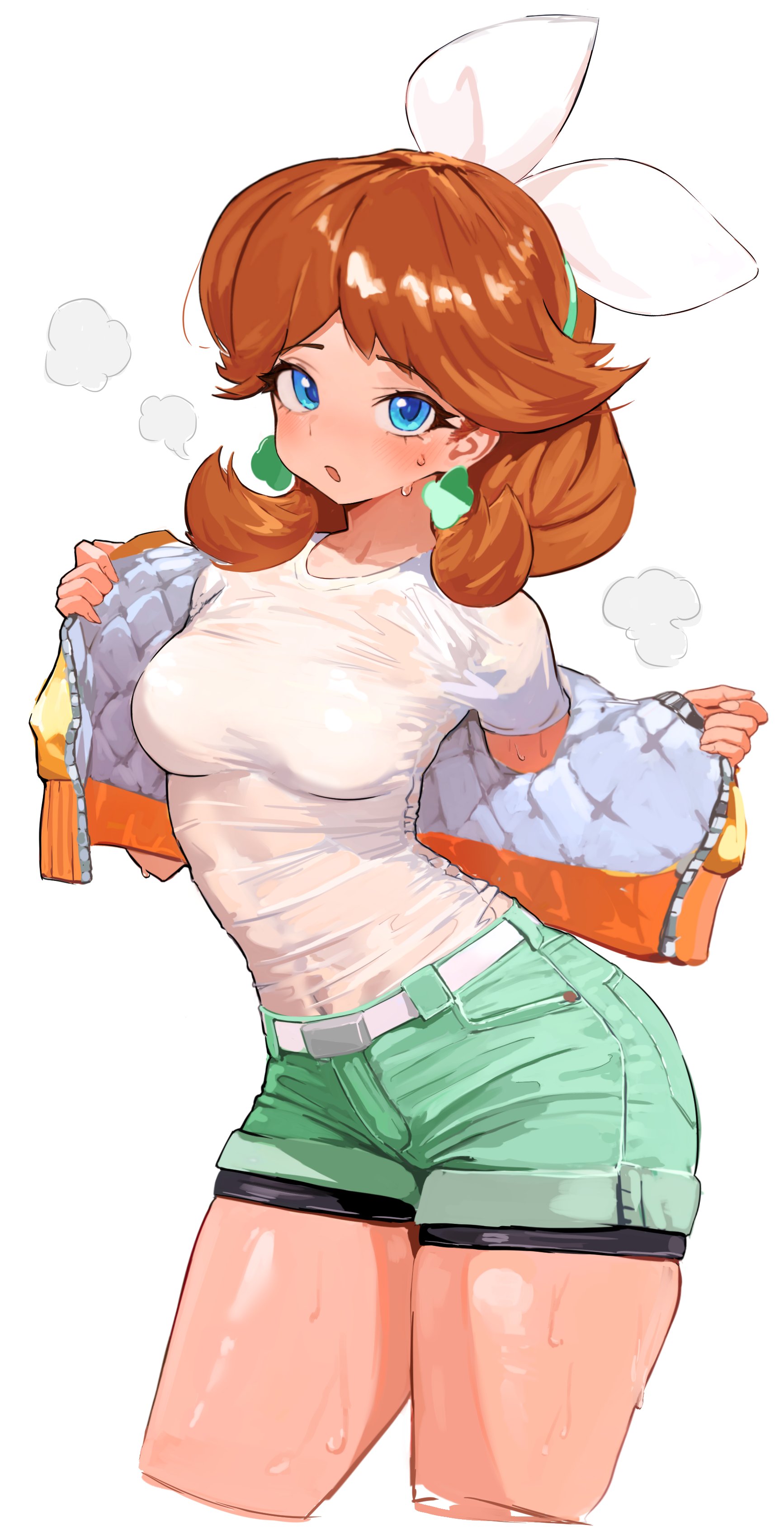 absurdres, belt, belt buckle, blue eyes, bow, breasts, brown hair, covered navel, cropped legs, earrings, female, green shorts, hairbow, hashtag-only commentary, highres, hot, jacket, jewelry, mario (series), mario kart, mario kart world, medium breasts, medium hair, mineru128127, multicolored jacket, navel, navel visible through clothes, nintendo, official alternate costume, parted lips, princess daisy, princess daisy (touring), see-through clothes, see-through shirt, shiny skin, shirt, short shorts, short twintails, shorts, simple background, steaming body, sweat, thick thighs, thighs, twintails, undressing, white belt, white bow, white shirt