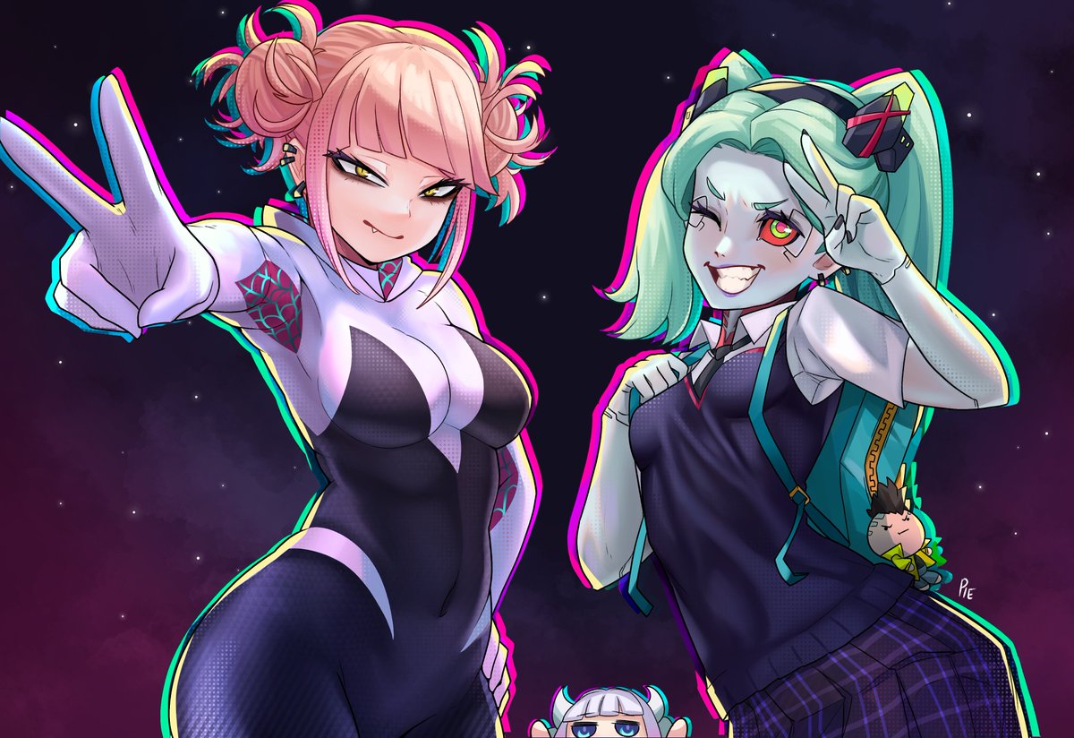 2d, 2girls, backpack, bag, blonde hair, blue bag, bodysuit, boku no hero academia, clothing, cosplay, costume, crossover, cyberpunk 2077, cyberpunk: edgerunners, earrings, female, female only, green hair, himiko toga, human, jewelry, marvel, marvel comics, medium breasts, multiple females, multiple girls, my hero academia, necktie, nonsexual, one eye closed, pale skin, peni parker, peni parker (cosplay), petite, pietheunusual, pigtails, pink, punk, punk girl, rebecca (edgerunners), school uniform, small breasts, spider-gwen (cosplay), spider-man (series), spider-verse, standing, superheroine, superheroine costume, toga himiko, unusualpie, v