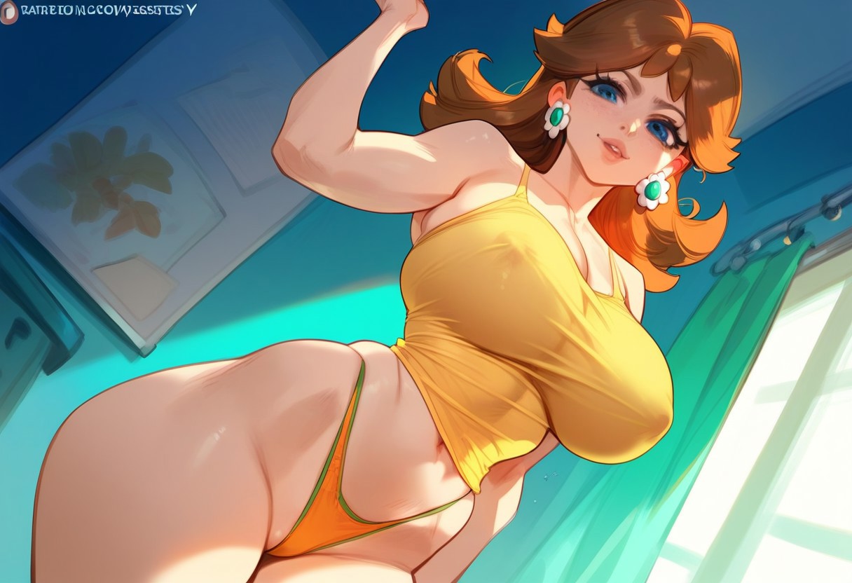 2d, ai generated, big breasts, bimbo, breasts, camisole, female, hellblueboy4, highleg, indoors, long hair, mario (series), orange hair, panties, princess daisy, shirt, solo, solo female, solo focus, super mario bros., tagme