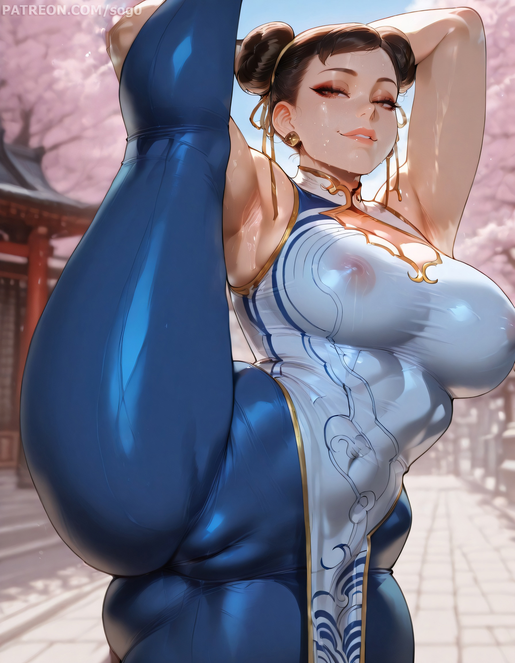 1girls, ai generated, armpits, asian, asian female, ass, big ass, big breasts, breasts, cameltoe, chinese, chinese clothes, chinese female, chun-li, curvy, curvy figure, female, hands behind head, large ass, large breasts, large thighs, leg up, light skin, light-skinned female, mature female, milf, nipples, nipples visible through clothing, one leg up, pussy, sogo, street fighter, street fighter 6, thick thighs, thunder thighs, voluptuous, voluptuous female, wide hips