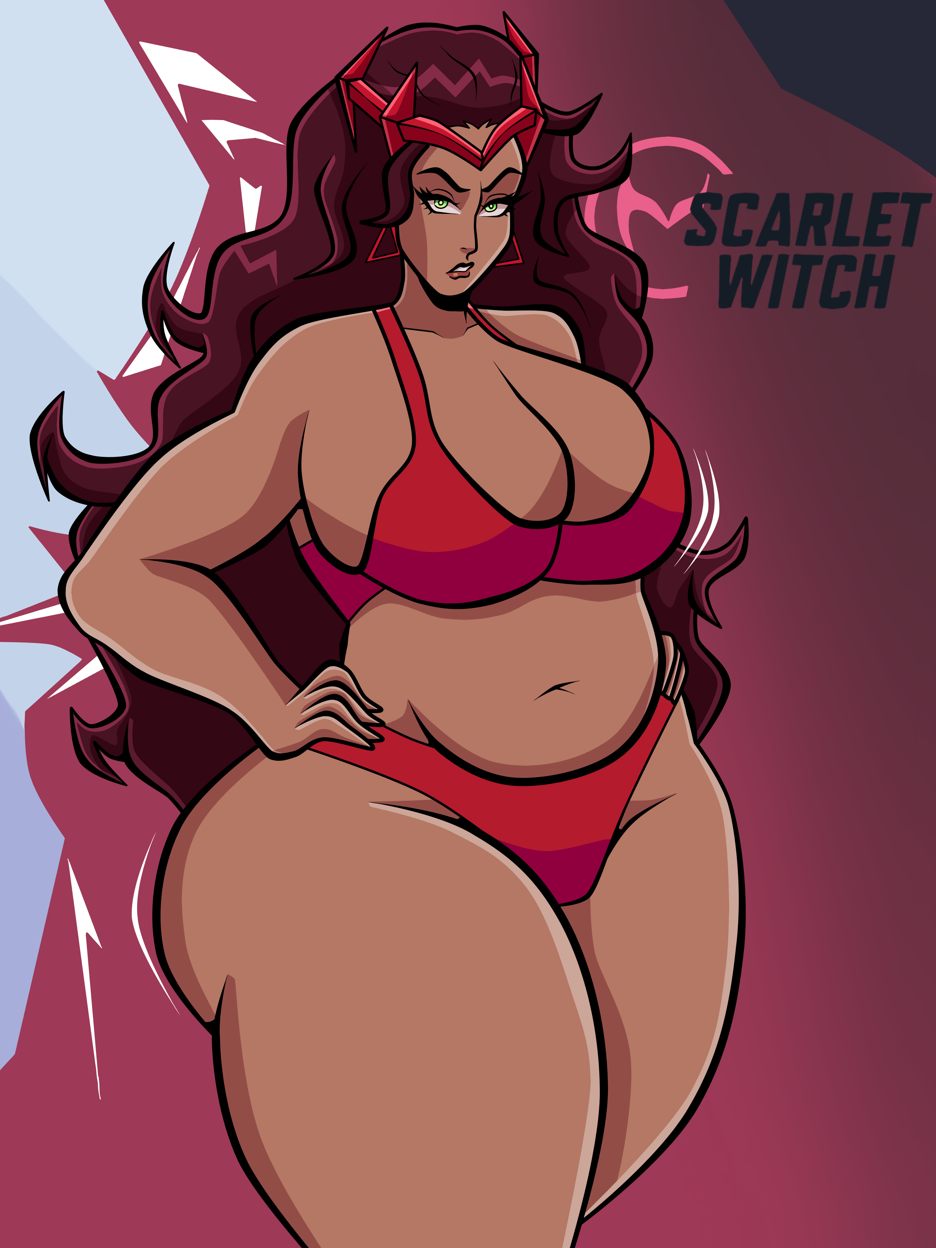 1girls, 2d, annoyed, ass, big breasts, blueartfiend, breasts, brown hair, chubby, clothed, clothed female, dark skin, dark-skinned female, female, fupa, green eyes, marvel, marvel comics, marvel rivals, partially clothed, scarlet witch, scarlet witch (marvel rivals), thick ass, thick thighs, thighs, tummy, wanda maximoff