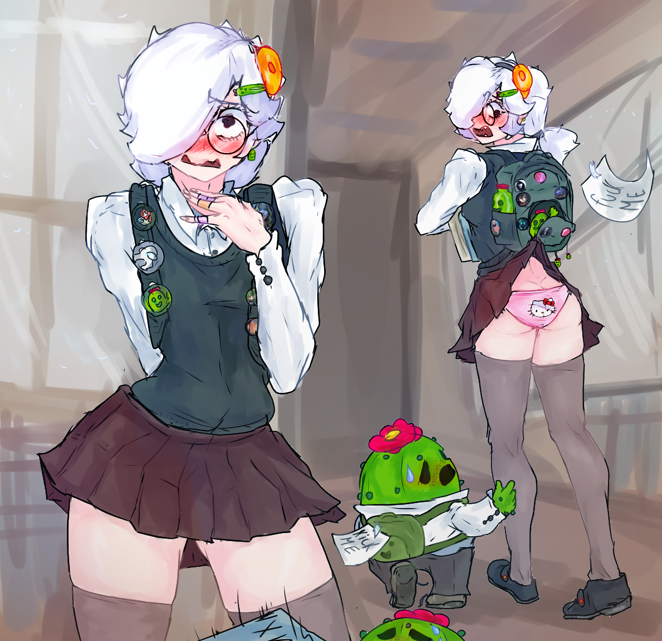 1girls, among us, ass, ass focus, backpack, brawl stars, butt focus, colette (brawl stars), crewmate (among us), ena, ena (series), female, glasses, hello kitty, hello kitty (series), legs, panties, pantyhose, patch, ponytail, school, school uniform, schoolgirl, schoolgirl uniform, skirt, skirt up, spike (brawl stars), stickers, stockings, supercell, thbahabu pajn357, thighs, white body, white hair, white skin