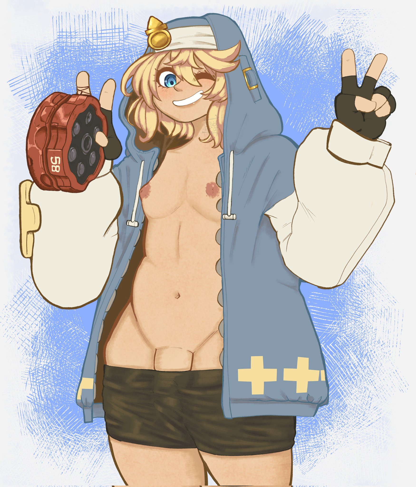 1boy, 1femboy, androgyne symbol, androgynous, bike shorts, blonde hair, blue eyes, bridget, femboy, femboy focus, femboy only, gibbo0z, girly, guilty gear, guilty gear strive, male, male focus, otoko no ko, peace sign, penis, short hair, shorts, shorts down, solo, solo femboy, solo focus, solo male, teenager, thick, thick thighs, thighs, trap, v sign, wink