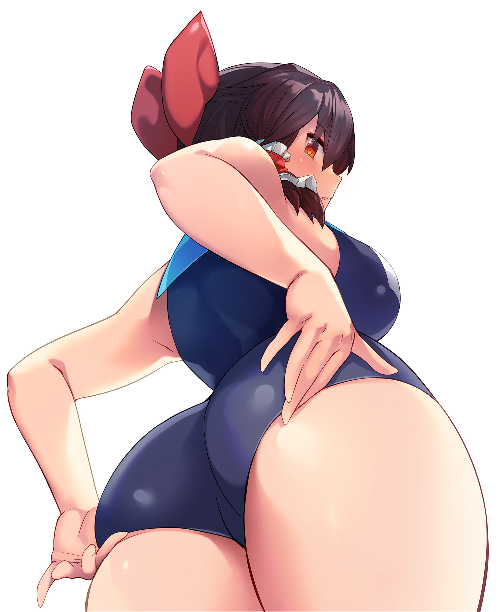 ass, ass focus, brown hair, female, looking back, looking down, one-piece swimsuit, red eyes, reimu hakurei, swimsuit, tarmo, touhou, white background