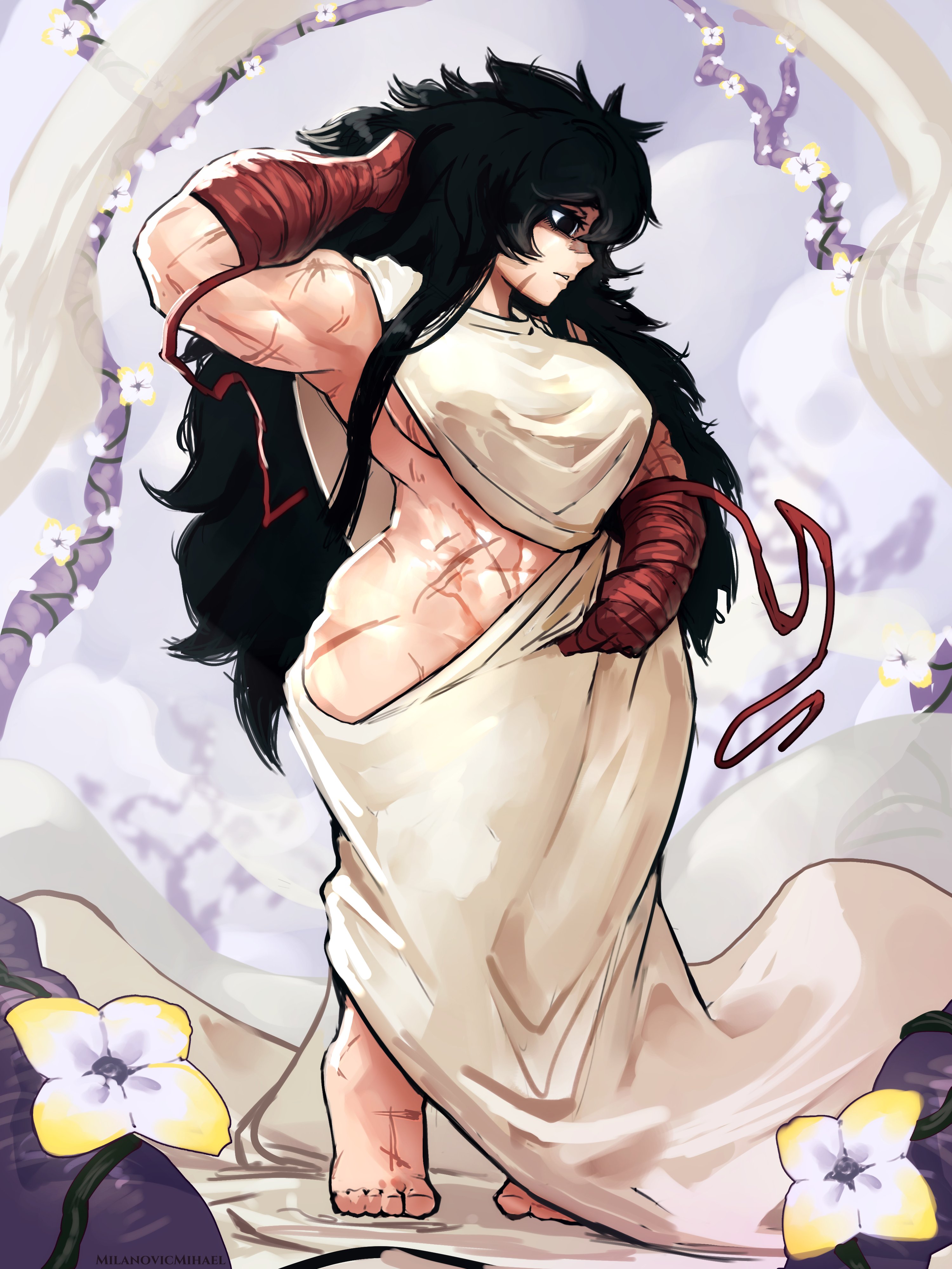 1girls, abs, artist name, bandage, bandaged arm, barefoot, black eyes, black hair, breasts, clothing, female, female only, flower, flowers, full body, hand on head, hi res, hip vent, light skin, light-skinned female, long hair, mature female, messy hair, milanovicmihael, milf, muscular, muscular female, muscular shortstack, ramia (ramia-yana), ramia-yana, red bandage, scar, scar on foot, scars, scars all over, shortstack, sideboob, solo, tiptoes, toga, very long hair