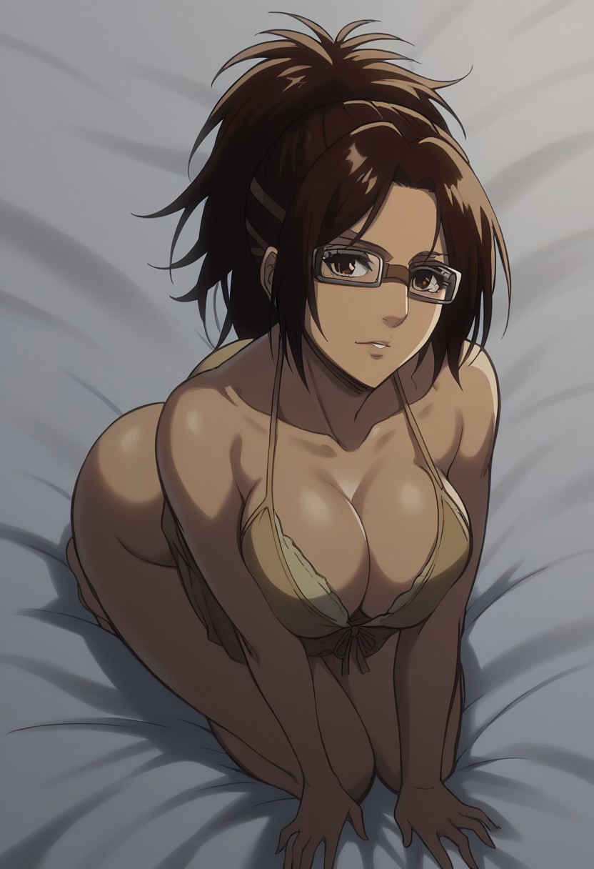 1girls, ai generated, attack on titan, bed, blush, breasts, brown hair, female, glasses, hange zoe, hanji zoe, huge breasts, lingerie, looking at viewer, night, solo, thick thighs