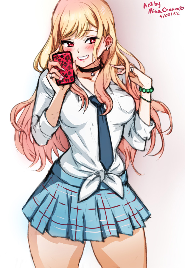1girls, blonde hair, blush, bracelet, cellphone, collar, female, gyaru, kitagawa marin, kogal, long hair, looking at viewer, minacream, red eyes, school uniform, skirt, smile, solo, sono bisque doll wa koi wo suru, thighs, tie, uniform, wristband