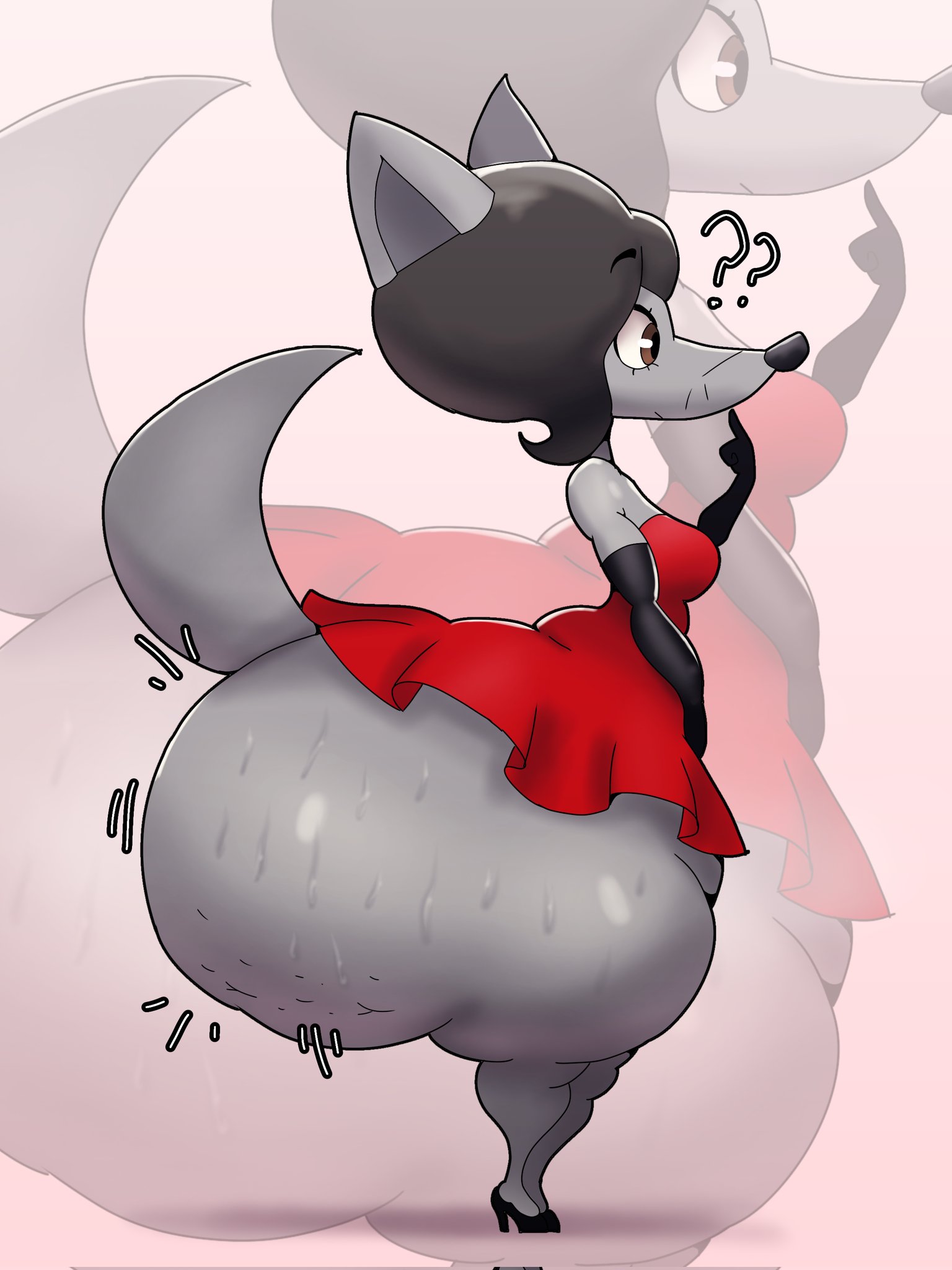 ?, ??, 2025, ass, big ass, big butt, black hair, bottom heavy, brown eyes, bubble butt, cellulite, dress, female, furry, furry female, gloves, high heels, high resolution, highres, hyper, hyper ass, hyper butt, illumination entertainment, long hair, minions (film), plump ass, plump butt, plump thighs, question mark, red dress, scarlet overkill, scarlet overkill (wolf), side view, thedeathcrow05, thick, thick ass, thick butt, thick thighs, wide ass, wide hips, wide thighs, wolf, wolf ears, wolf girl, wolf tail