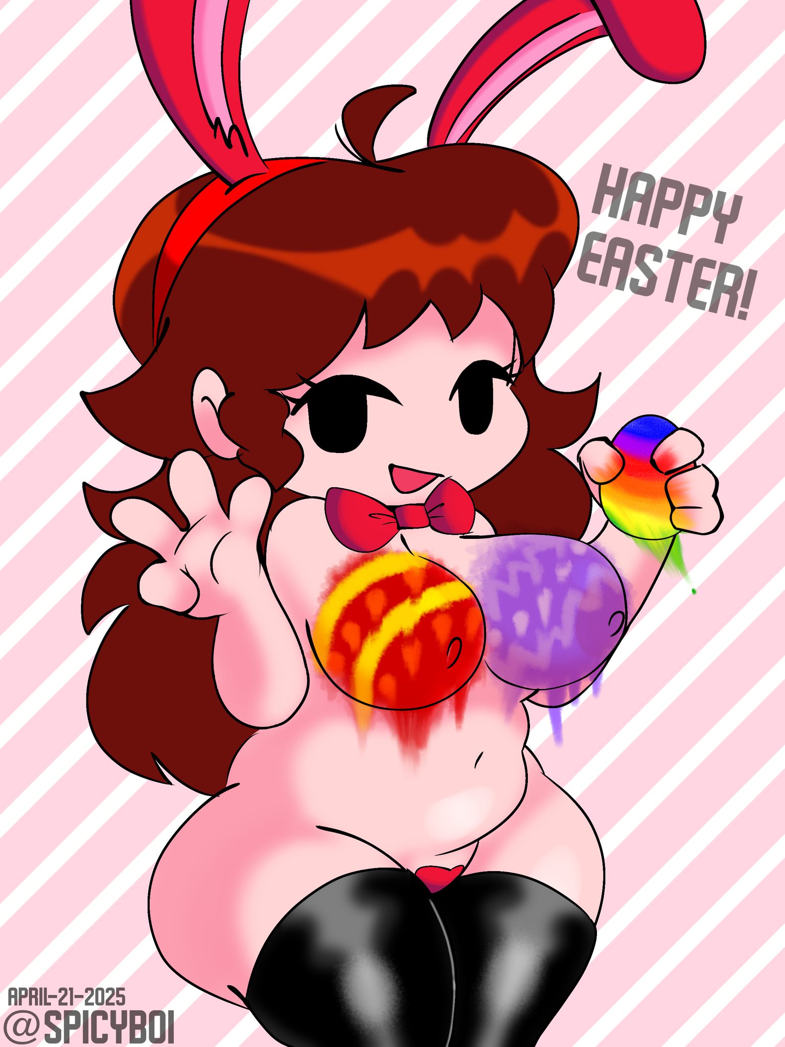 :d, 1girls, 2025, 4 fingers, auburn hair, big breasts, body paint, breasts, dated, easter, exposed breasts, fake animal ears, female, fnf, friday night funkin, girlfriend (friday night funkin), long hair, looking at viewer, maebari, nude, painted breasts, rabbit ears, spicyboi, tagme, talking to viewer, thick thighs, watermark