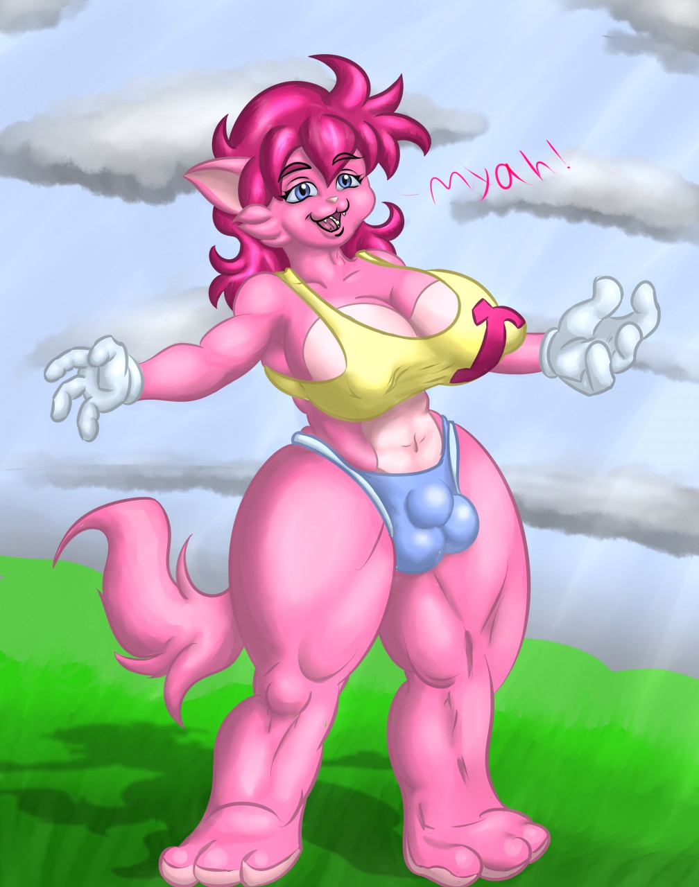 1futa anthro balls belly big_breasts breasts bulge cleavage clothed clothing dickgirl erect_nipples feline futanari gloves huge_breasts intersex john_barrett looking_at_viewer mammal midriff muscular nipples open_mouth penis roxikat smile solo standing thick_thighs vhbeaver wide_hips