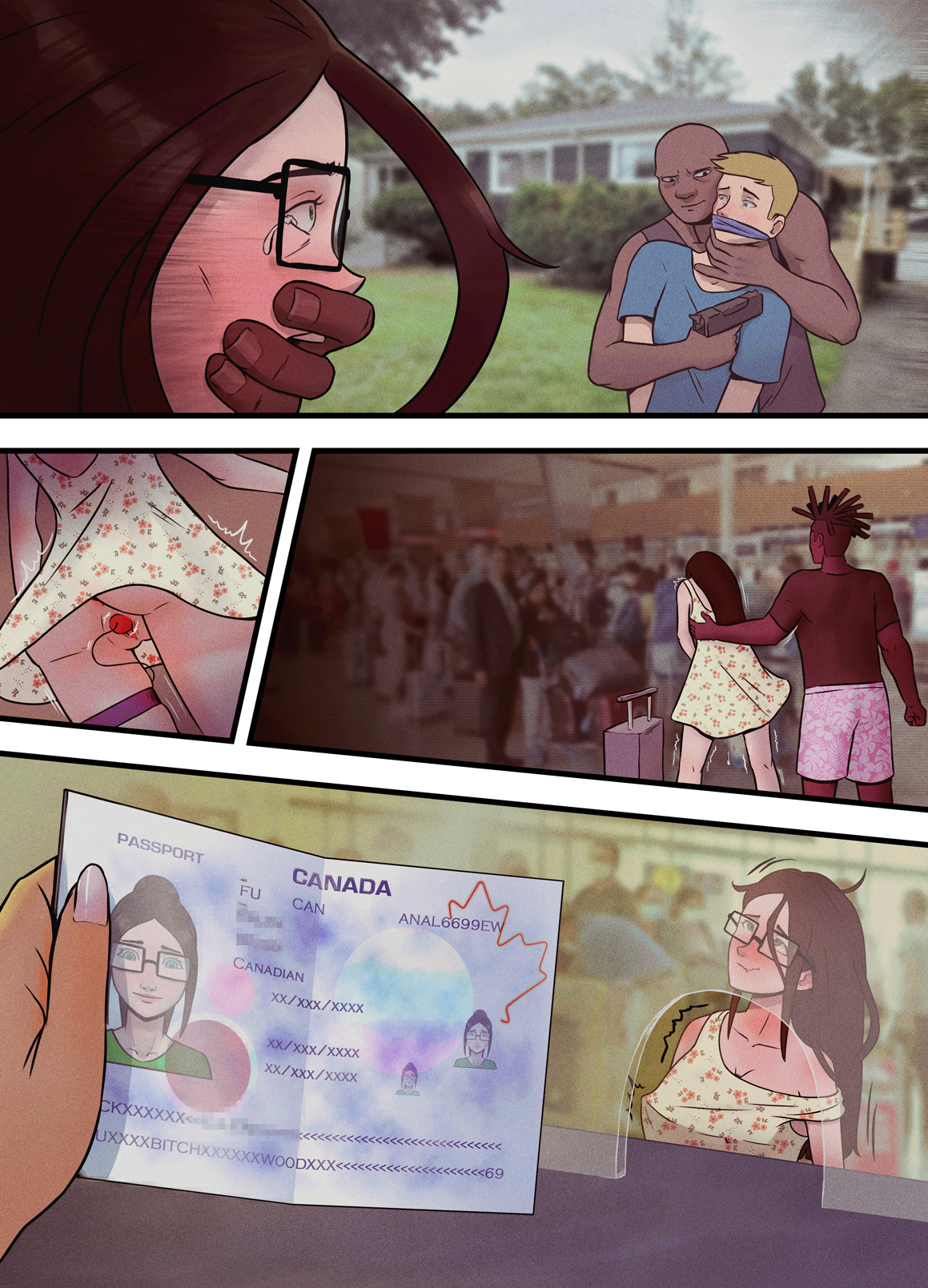 1girls, airport, bottomless, bottomless female, cherry, cloth gag, clothing, dark skin, dark-skinned male, ellen (pizzacakecomics), female, firearm, forced, gag, gun, handgun, hostage, human, human trafficking, husband, husband and wife, kidnapped, male, no panties, nsxfdw, pale skin, passport, public, trafficking, upskirt, vibrator, weapon, wife