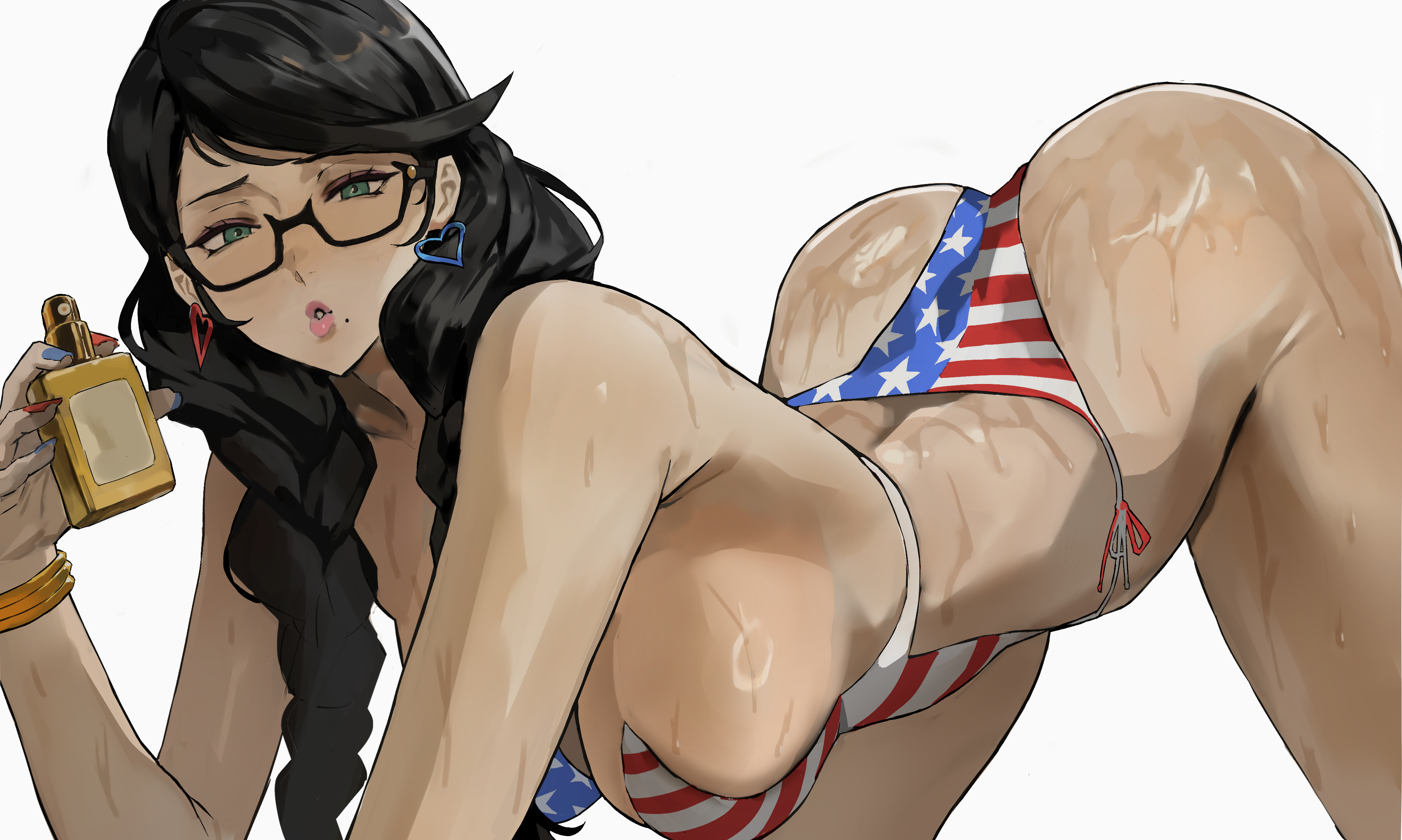 1girl, 1girls, absurdres, all fours, alternate outfit, american flag, american flag bikini, american flag print, ass, ass up, bayonetta, bayonetta (character), bayonetta (series), beach, beach background, beautiful woman, big ass, big breasts, bikini, black hair, bottle, breasts, child bearing hips, commentary, earrings, english commentary, female, female only, flag bikini, flag print, flag print bikini, glasses, green eyes, heart, heart earrings, heavenly body, hi res, highres, holding perfume, jewelry, large breasts, long hair, married woman, mature female, mature woman, mole, mole under mouth, ongjolpark, park ongjol, perfume bottle, print bikini, sega, simple background, solo, sunscreen, sweating, sweaty, sweaty body, swimsuit, wet, white background