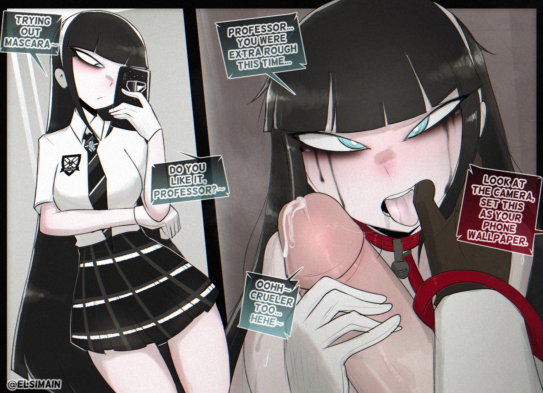 1boy, 1girls, 2026, 2d, after oral, before and after, big penis, black hair, black skirt, black-haired female, blue eyes, blue-eyed female, collar, collar only, comic, cyan eyes, cyan-eyed female, elsimain, female, femsub, finger in another's mouth, fishhooking, front view, hi res, human, human female, human male, human only, kimberly (elsimain), large penis, leash, leash and collar, light skin, light-skinned female, light-skinned male, long hair, long-haired female, looking at viewer, makeup, makeup running, male, male/female, maledom, mascara, open mouth, original, pale skin, pale-skinned female, pale-skinned male, partial male, penis, phone, pov, pov hands, pov male, precum, precum string, running mascara, runny makeup, school uniform, sex, skirt, student, student and teacher, talking to viewer, teacher, thick penis, thighs, tongue, tongue out, twitter username, uniform, uniform female