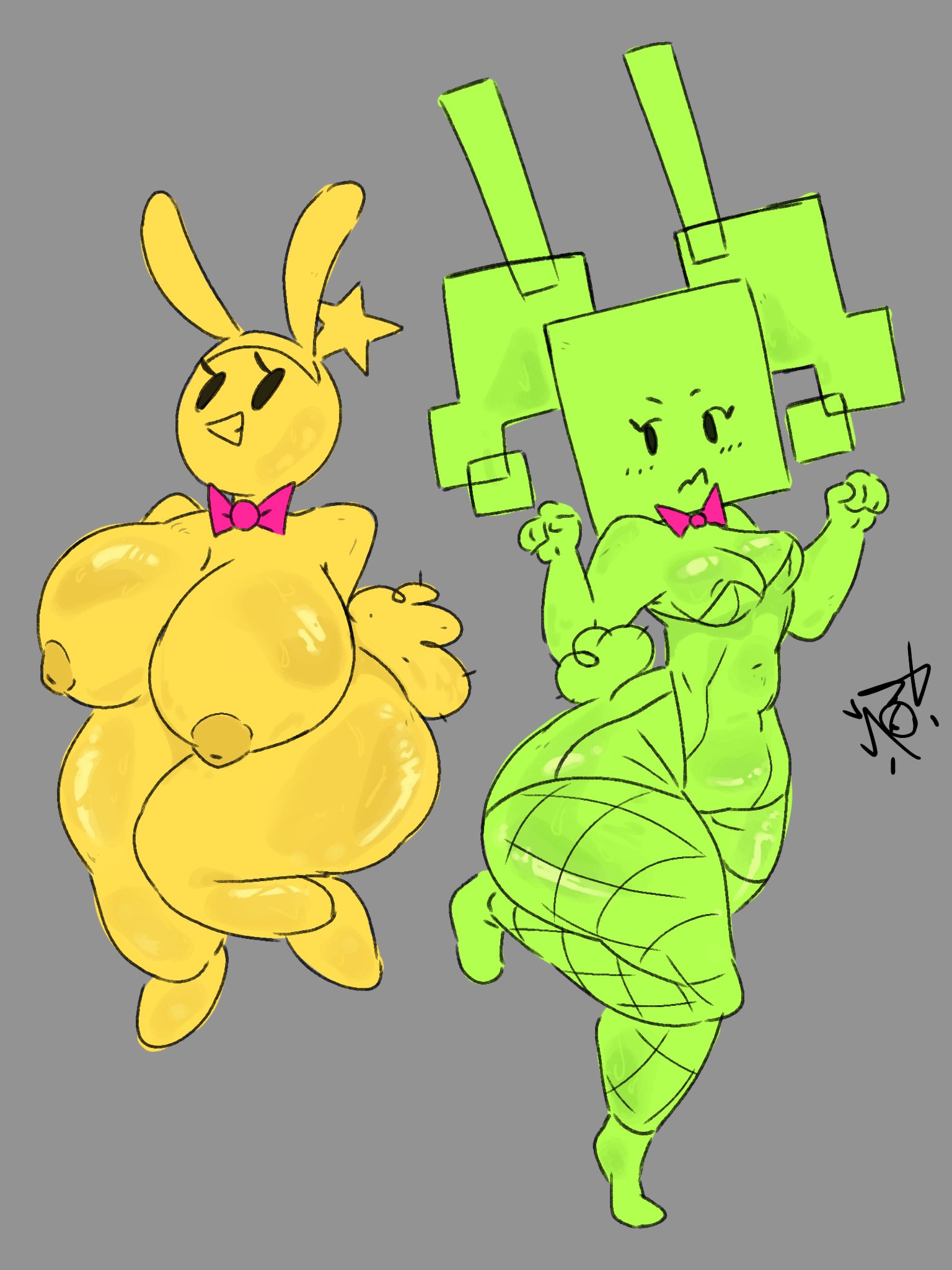2girls, artist signature, bb happyhour, big boobs, big breasts, boobs, bowtie, breasts, bunny ears, bunny tail, eyelashes, fishnet stockings, fishnets, green body, green skin, huge boobs, huge breasts, leotard, mario (series), mario and luigi (series), mimi (super paper mario), nintendo, paper mario, playboy bunny, simple background, starlow, starlow with a body, stockings, thighs, twintails, yellow body, yellow skin