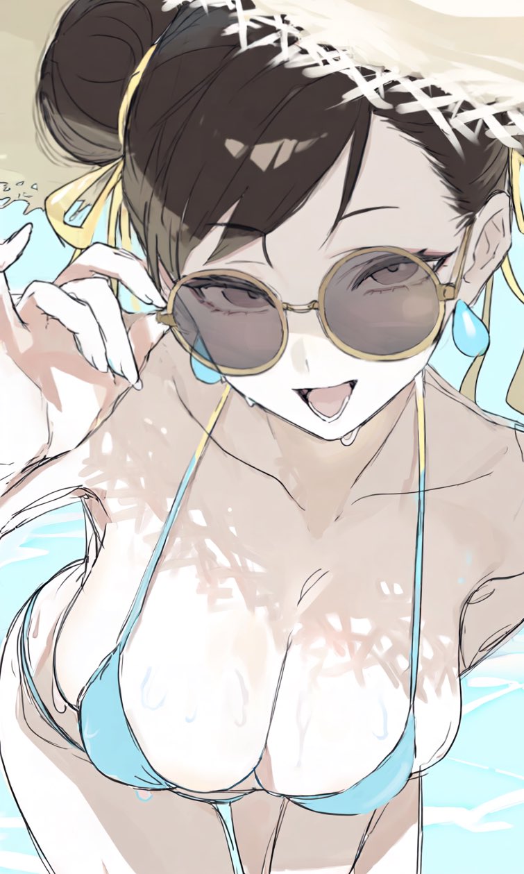 1girls, adjusting eyewear, bangs, bikini, blue bikini, breasts, brown eyes, brown hair, chun-li, cleavage, collarbone, dripping, earrings, hair bun, hair ornament, hat, huge breasts, jewelry, large breasts, looking at viewer, mascara, ocean background, one eye closed, open mouth, smile, smiling at viewer, solo, street fighter, sunglasses, swimsuit, tinted eyewear
