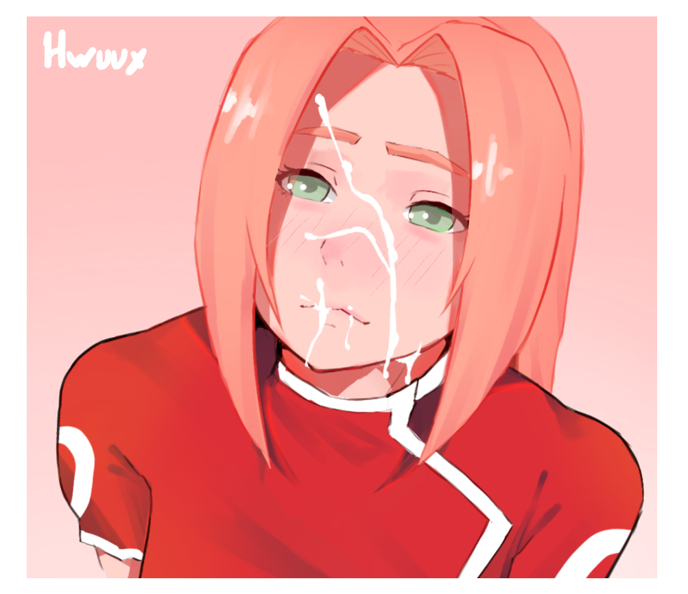 1girls, closed mouth, cum in mouth, cum on face, female only, green eyes, hwuux, long hair, naruto, naruto (series), open eyes, pink hair, sakura haruno, sakura haruno (genin)