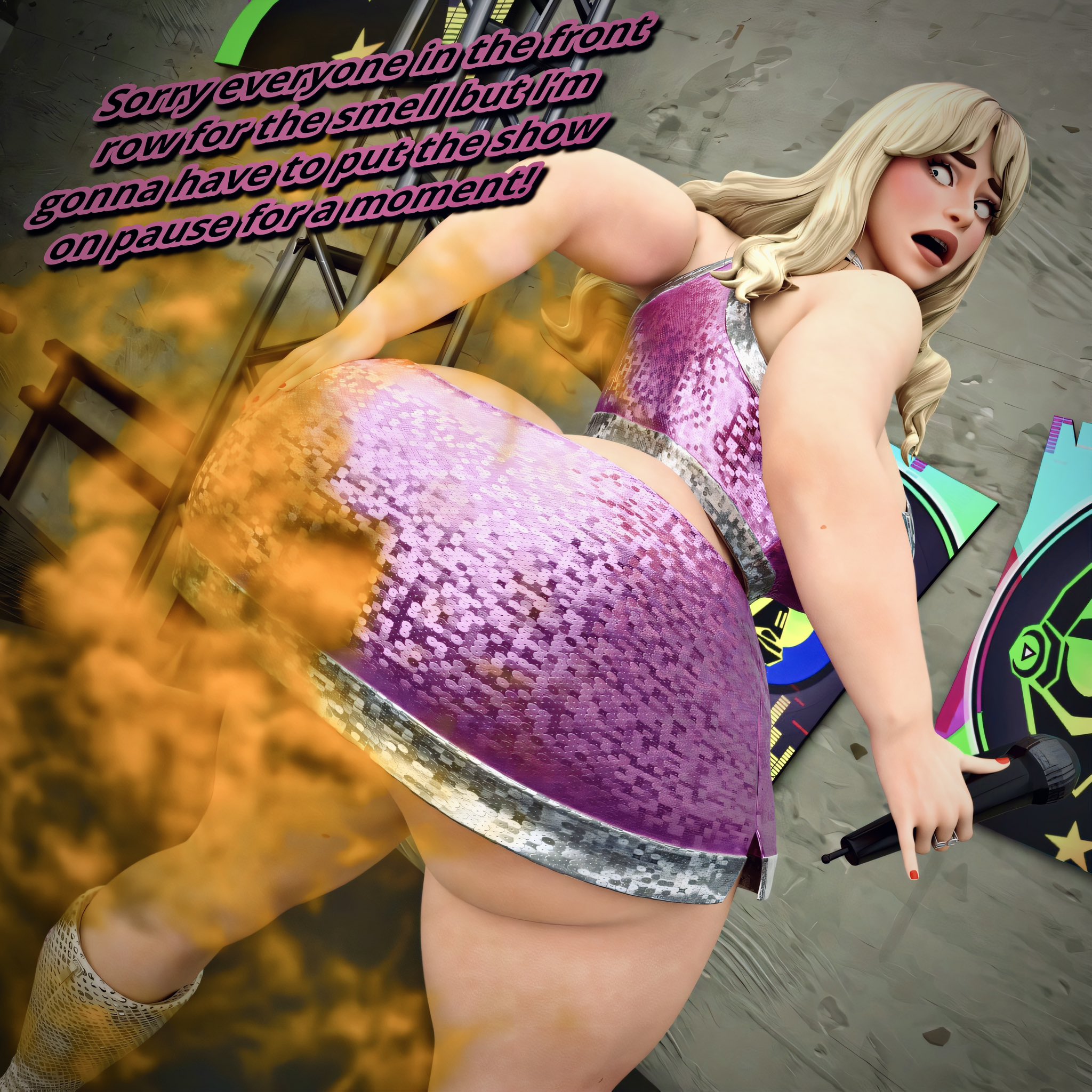 1girl, 1girls, 1woman, 1women, about to shit, ass crack, ass crack outline, ass peek, asscrack, big ass, big butt, blonde female, concert, desperate, desperation, fart, fortnite, fortnite: battle royale, hand on ass, hand on butt, massive ass, massive butt, microphone, part 1, part of a set, performance, performing, public, public indecency, real person, sabrina carpenter, sabrina carpenter (fortnite), scat, scat desperation, shart, sharted, sharting, skirt, tayytayy3d, thick, thick ass, thick butt