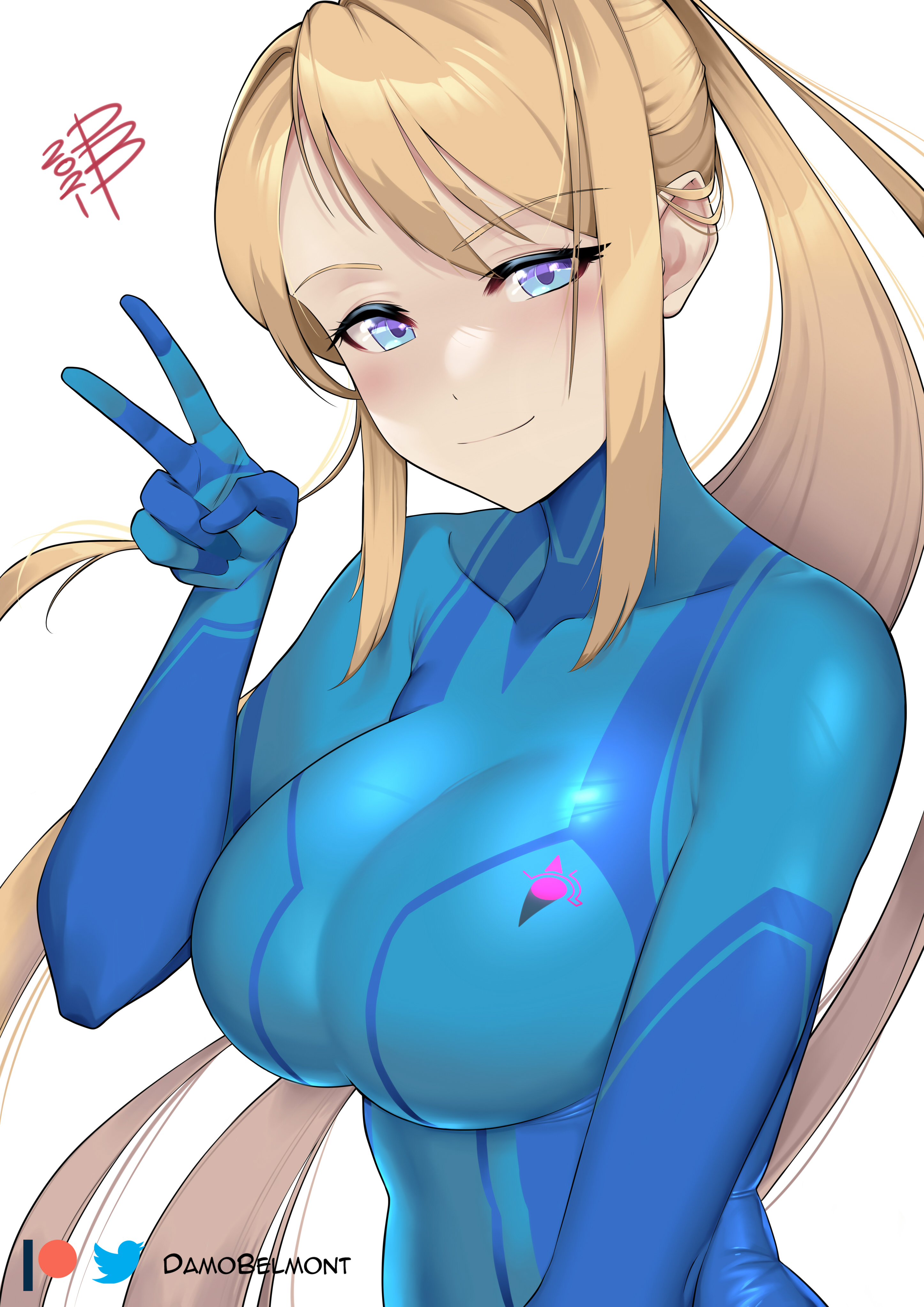 1girl, absurdres, artist name, big breasts, blonde hair, blue eyes, bodysuit, breasts, commentary, damobelmont, english commentary, hair between eyes, highres, large breasts, long hair, looking at viewer, metroid, mole, mole under mouth, nintendo, patreon logo, patreon username, ponytail, samus aran, sidelocks, simple background, skin tight, smile, solo, twitter logo, twitter username, v, zero suit, zero suit samus