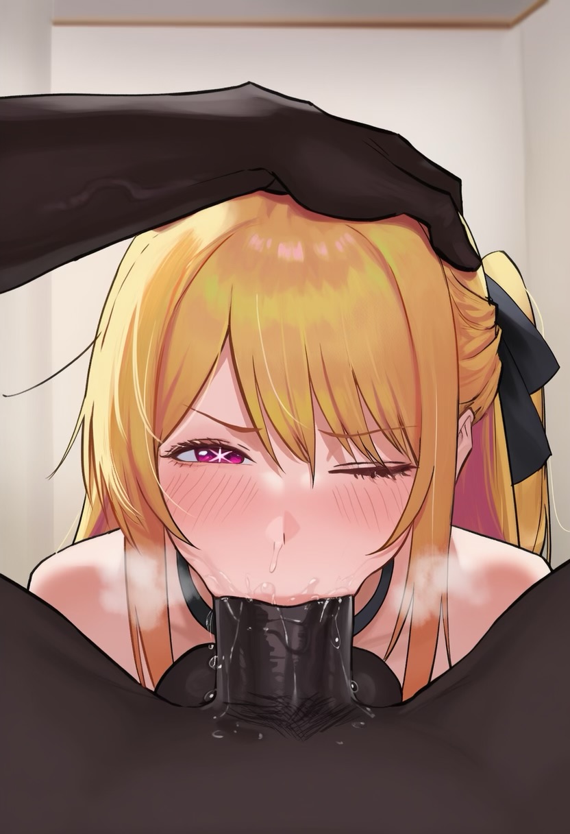 1boy, 1girls, ai generated, blonde hair, blowjob, choking, choking on cock, dark-skinned male, fellatio, forced oral, hoshino ruby, large penis, one eye closed, oshi no ko, pink eyes, saliva, saliva string, waroffree