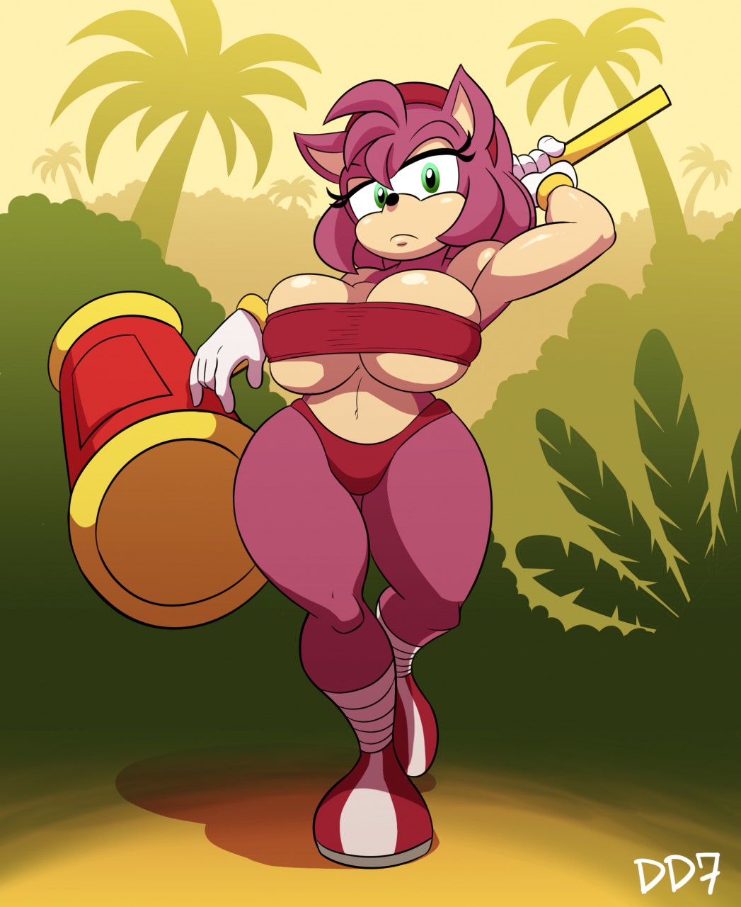 1girls, 2018, amy rose, anthro, big breasts, blush, boob window, breasts, clothed, clothing, daredemon7000, detailed background, eyelashes, female, female only, gloves, green eyes, hair, hammer, hedgehog, huge breasts, mammal, piko piko hammer, piko-piko hammer, pink hair, revealing clothes, sega, solo, sonic (series), sonic the hedgehog (series), thick thighs, tight clothing, tools, underboob, voluptuous, wide hips