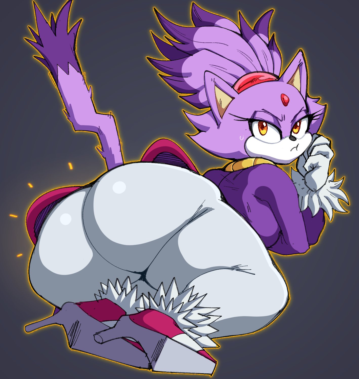 1girl, annoyed, ass, ass focus, blaze the cat, bottom heavy, breasts, coat, forehead jewel, from behind, furry, gloves, goldsden, high heels, huge ass, large breasts, long hair, looking at viewer, looking back, lying, on stomach, pants, ponytail, purple hair, sega, sideboob, solo, sonic (series), sonic the hedgehog (series), tail, thick thighs, thighs, yellow eyes