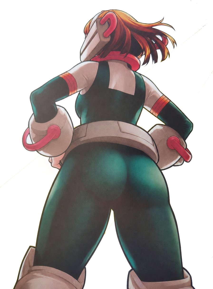 1girls, alternate version available, artist request, ass, back view, big ass, big breasts, boku no hero academia, breasts, brown eyes, brown hair, bubble butt, female, female only, form fitting, hero outfit (mha), huge ass, light-skinned female, looking back, my hero academia, ochako uraraka, plain background, shonen jump, short hair, solo, teenager, thick ass, thick thighs, tight clothing, watermark