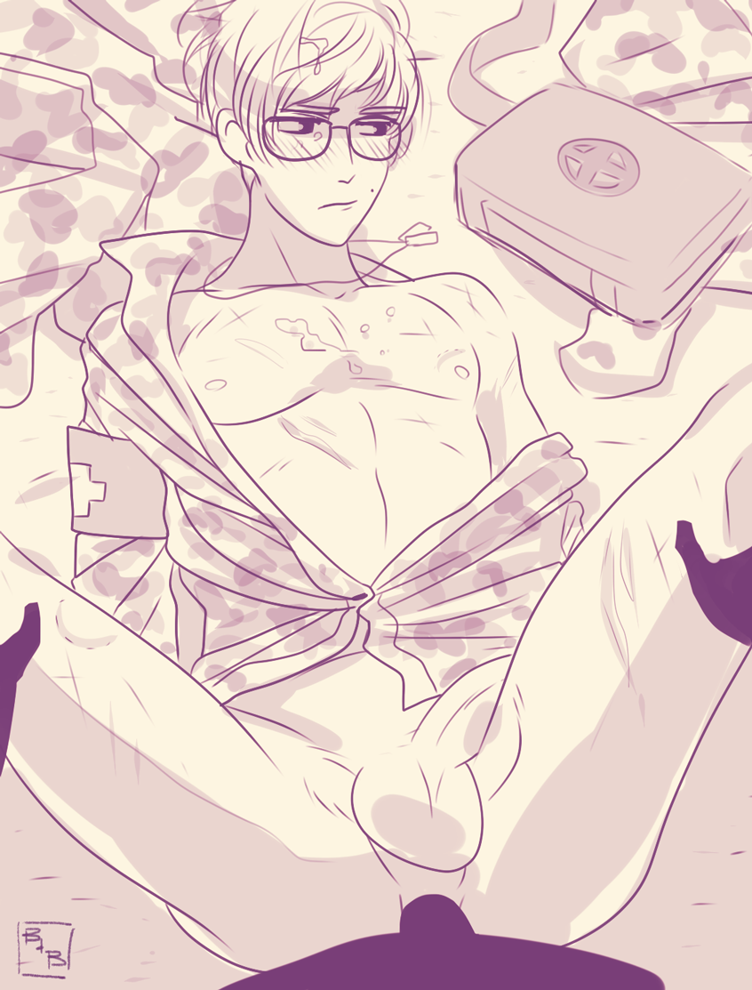 adair anal anal_sex anal_sex blush gay glasses half-dressed half_naked legs_up long_gone_days male_focus male_only male_pov medic military military_uniform sketch soldier yaoi