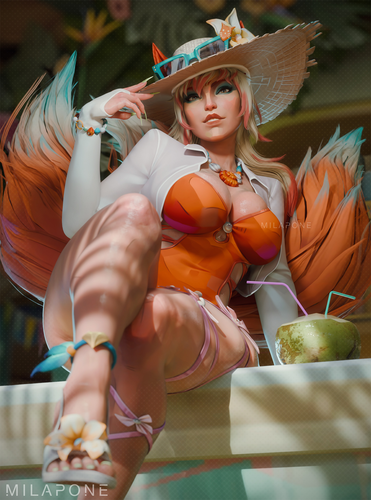 1girls, 3d, ami han, big ass, big breasts, bikini, crossed legs, feet, female, female only, heels, marvel, marvel rivals, milapone, solo, solo female, swimsuit, thick thighs, toes, white fox (coastal kumiho), white fox (marvel rivals), white fox (marvel)
