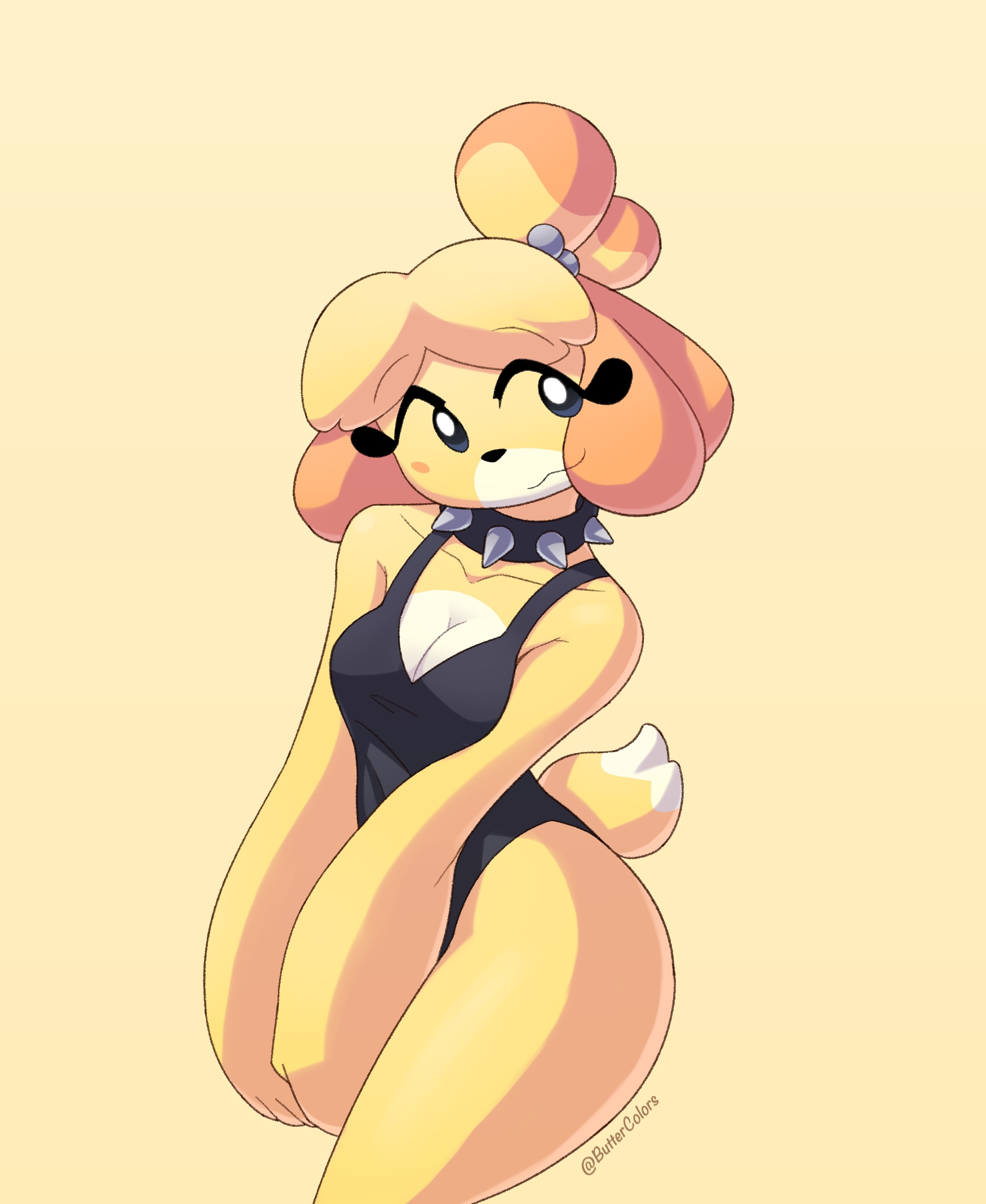 1girl, 1girls, 2026, 2d (artwork), animal crossing, anthro, anthro female, anthro focus, anthro only, artist logo, artist name, ass, big thighs, blush, blushing, booty, butt, buttercolors, clothed, clothing, collar, cute, digital drawing (artwork), digital media (artwork), eyebrows, eyelashes, female, female focus, female only, fur, furry, furry female, furry only, hi res, highres, hot, isabelle (animal crossing), looking at another, nintendo, posing, sexy, silly, simple background, simple eyes, solo, solo female, solo focus, spiked collar, swimsuit, tail, text, thighs, two-tone body, watermark, wholesome, yellow background