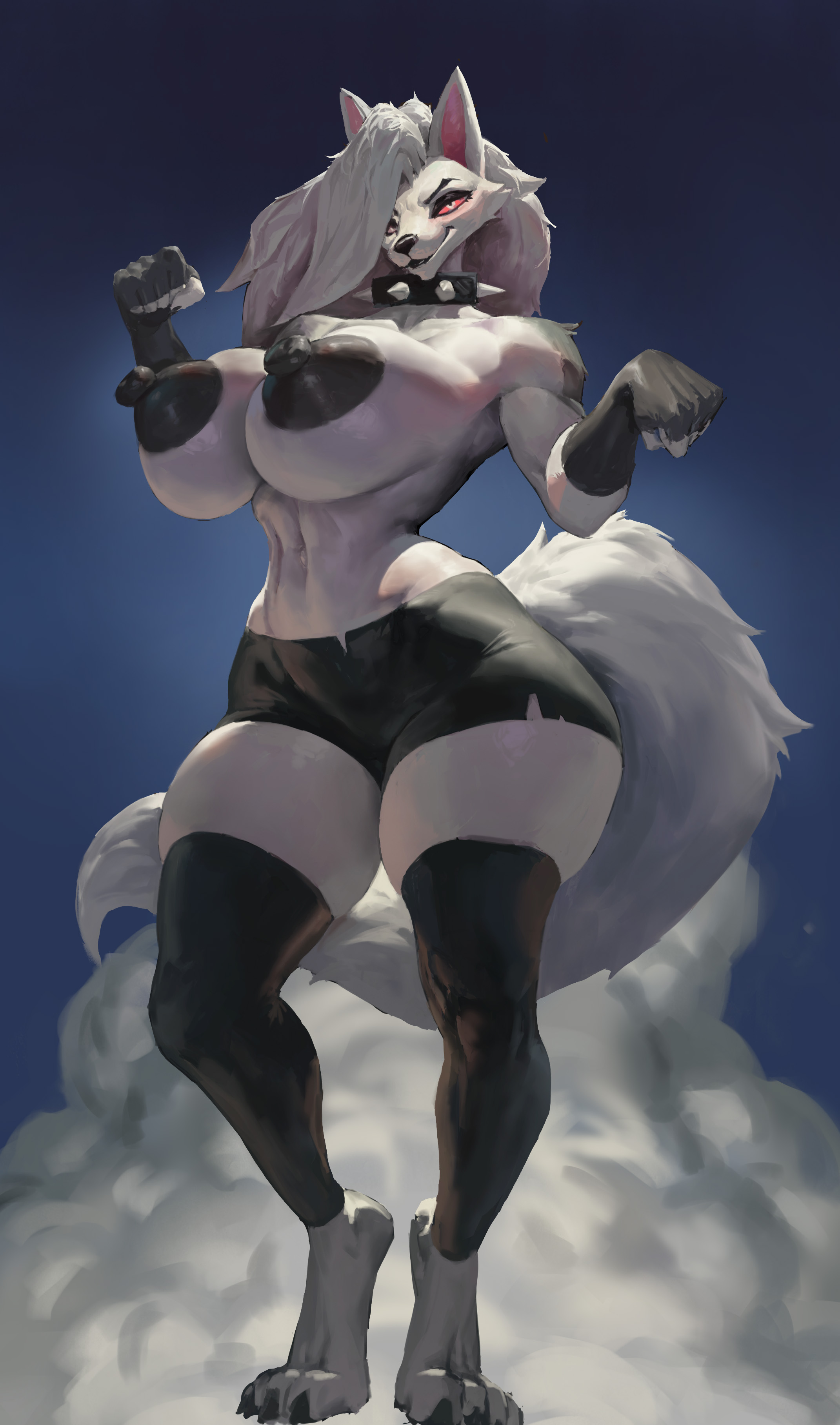 1girls, absurd res, anthro, areola, big areola, big breasts, biped, black clothing, black leg warmers, black legwear, black thighhighs, bottomwear, breasts, canid, canid demon, canine, canis, clothed, clothing, collar, demon, demon girl, female, furry, hellaverse, hellhound, helluva boss, hi res, huge breasts, leg warmers, legwear, loona (helluva boss), mammal, momo fox, mythological canine, mythological creature, mythology, nipples, pupils, red sclera, shorts, smile, solo, spiked collar, spikes, tail, thick thighs, thighhighs, topless, topless female, vivienne medrano, vivziepop, wide hips, wolf, wolf girl