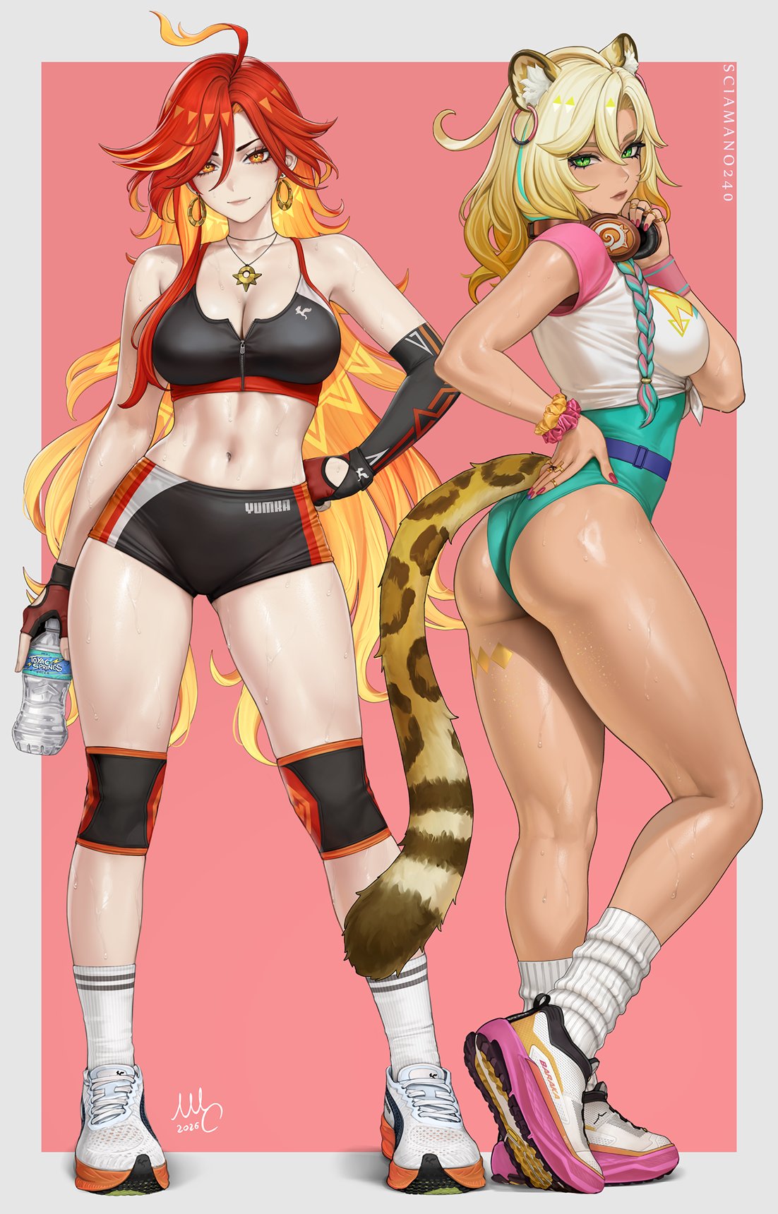 2girls, bottle, cat ears, cat tail, closed eyes, closed mouth, female, female only, genshin impact, ginger female, ginger hair, gym clothes, hoyoverse, long hair, looking at viewer, mavuika (genshin impact), mirco cabbia, natlan girls, open mouth, red eyes, sciamano240, short hair, smile, smiling, smiling at viewer, xilonen (genshin impact)