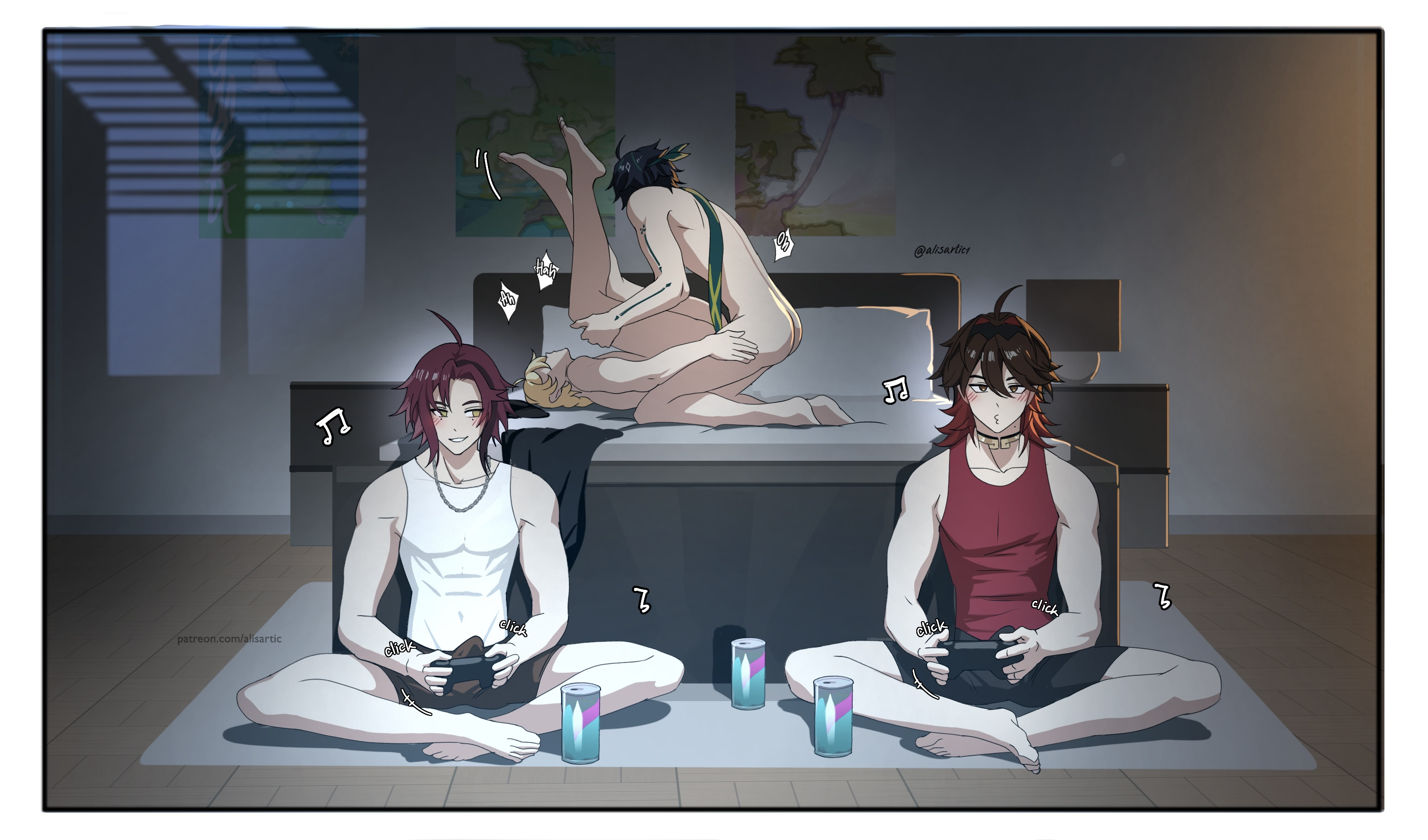 4boys, aether (genshin impact), alisartic1, anal, gaming (genshin impact), gay, genshin impact, kinich (genshin impact), shikanoin heizou, tagme, yaoi