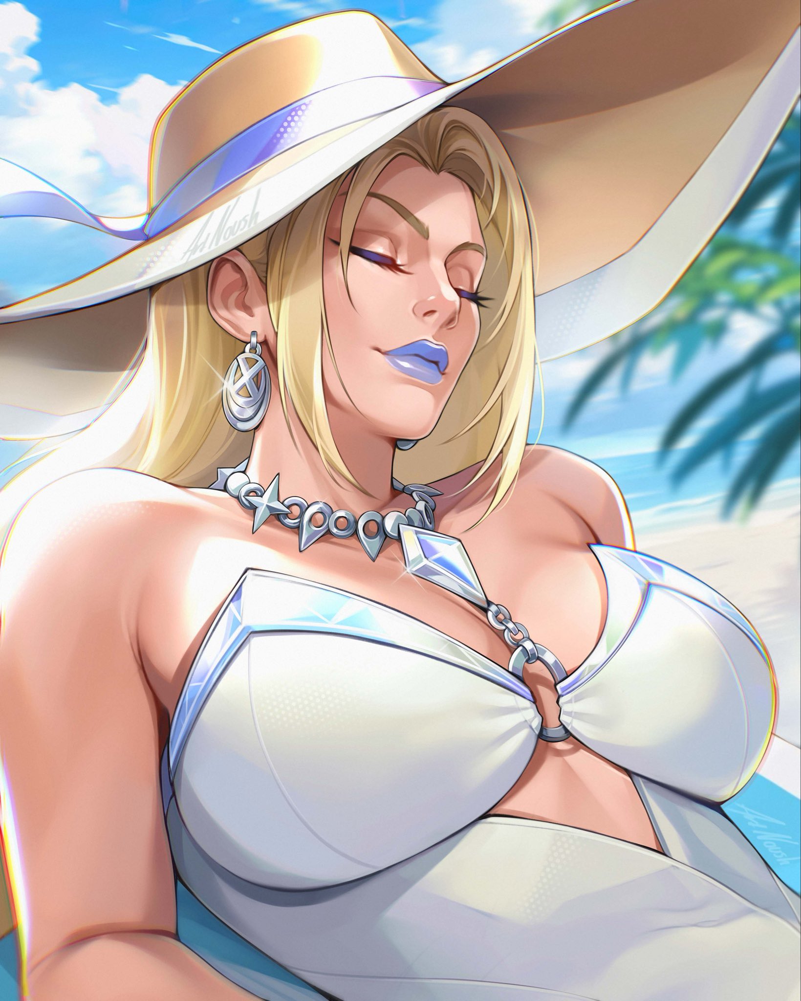 1girls, 2d, artnoush, big breasts, blonde hair, cleavage, clenched teeth, closed eyes, emma frost, emma frost (marvel rivals), emma frost (white wave queen), female, female only, marvel, marvel rivals, solo, solo female