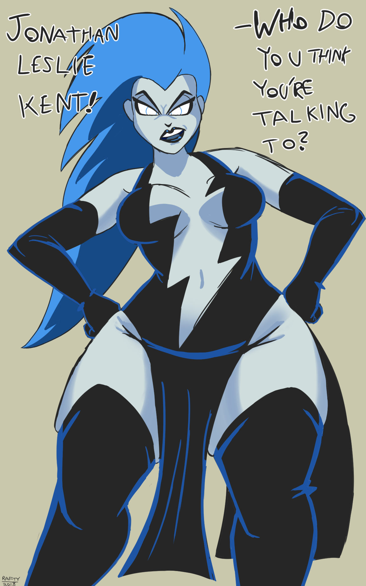 1girls, 2018, blue hair, breasts, dc, dc comics, dcau, female, female only, livewire, milf, raftyverse, slightly chubby, solo, superman (series), superman: the animated series, text, thick thighs, wide hips
